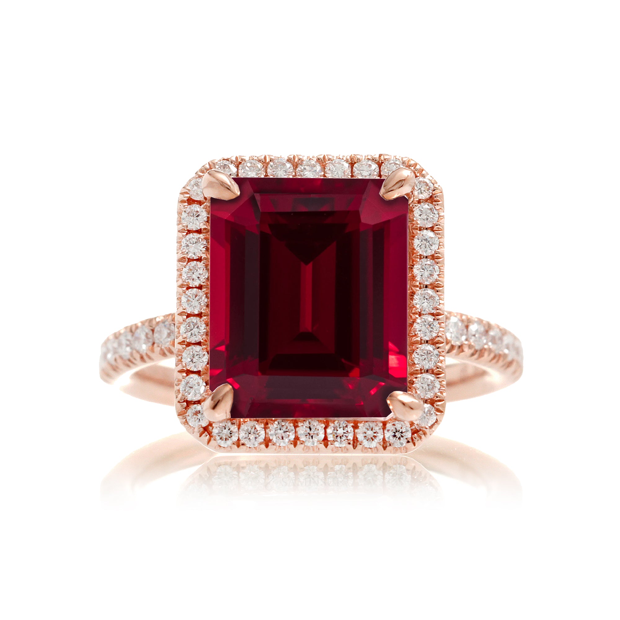 Ruby engagement ring diamond halo the Drenched emerald cut rose gold