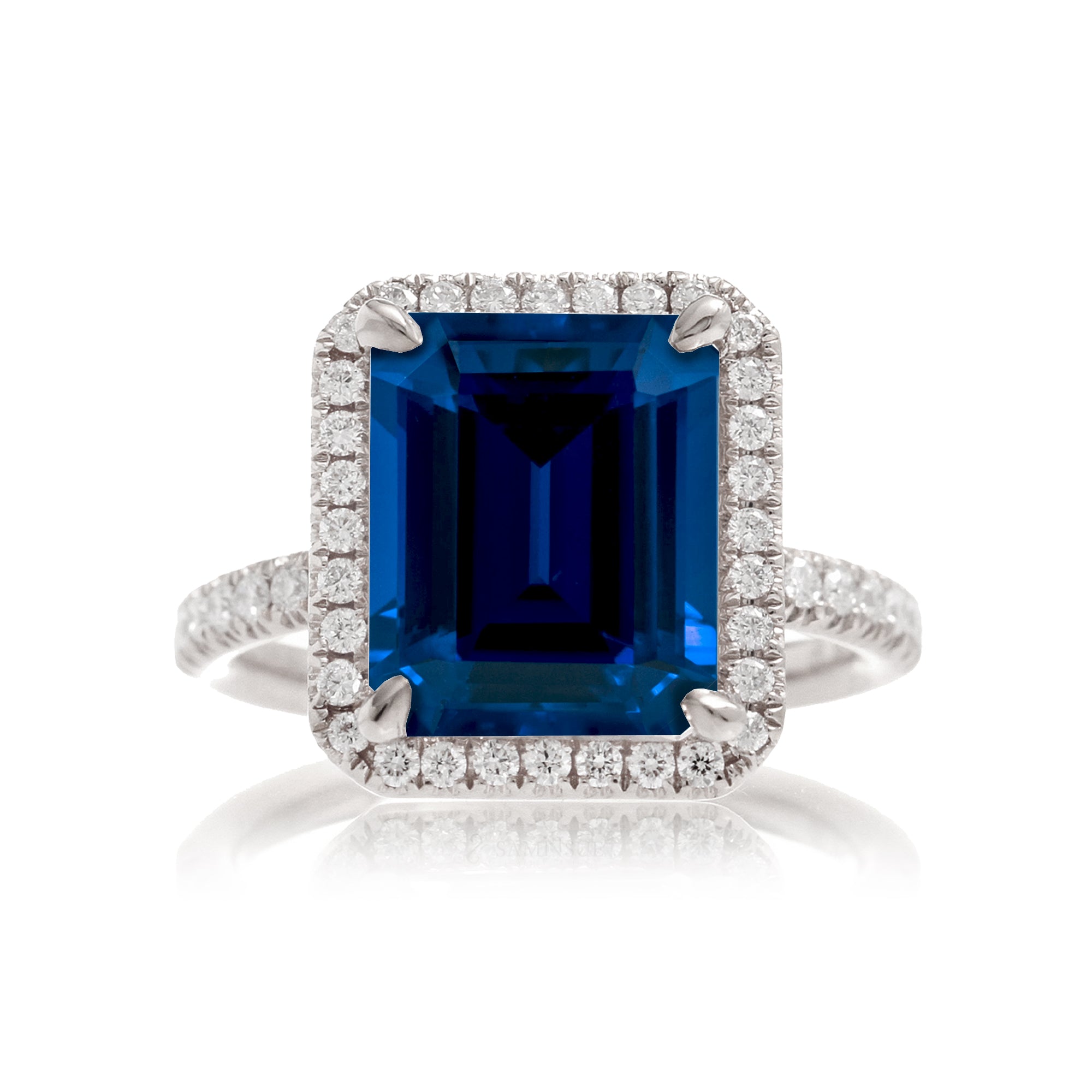 Emerald cut blue sapphire engagement ring diamond halo the Drenched white gold