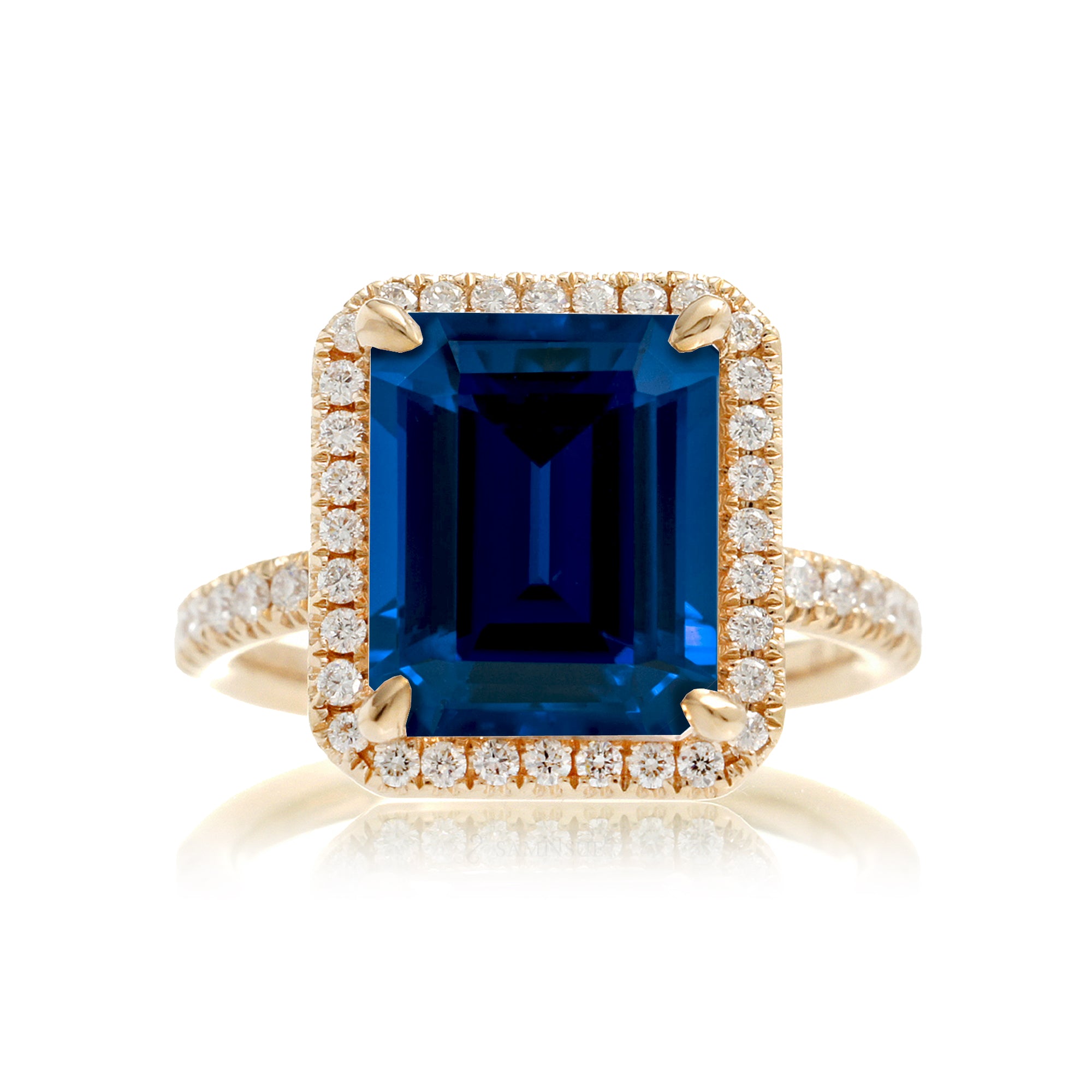 Emerald cut blue sapphire engagement ring diamond halo the Drenched yellow gold