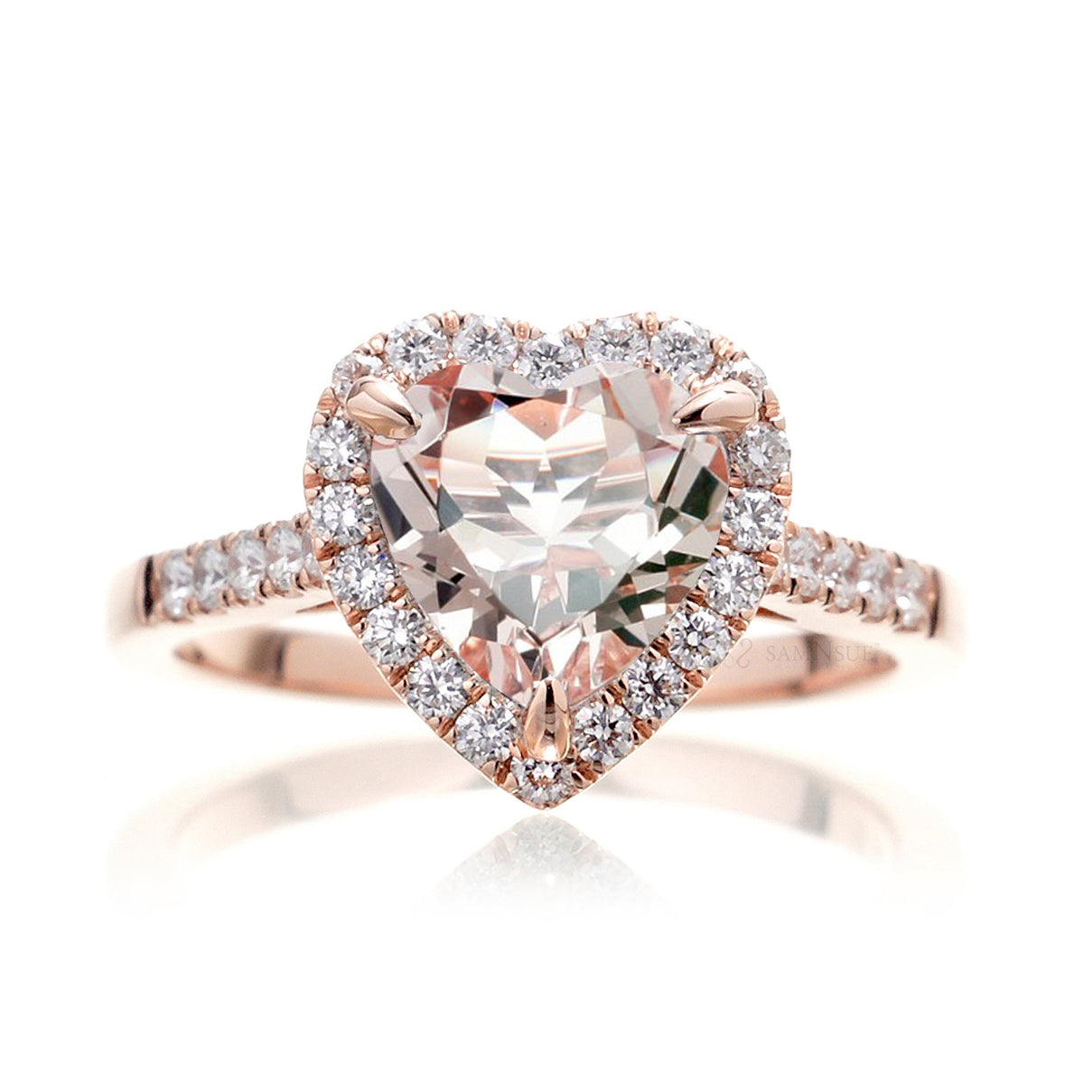Heart Morganite Ring With Diamond Halo And Diamond Band | The Alexa