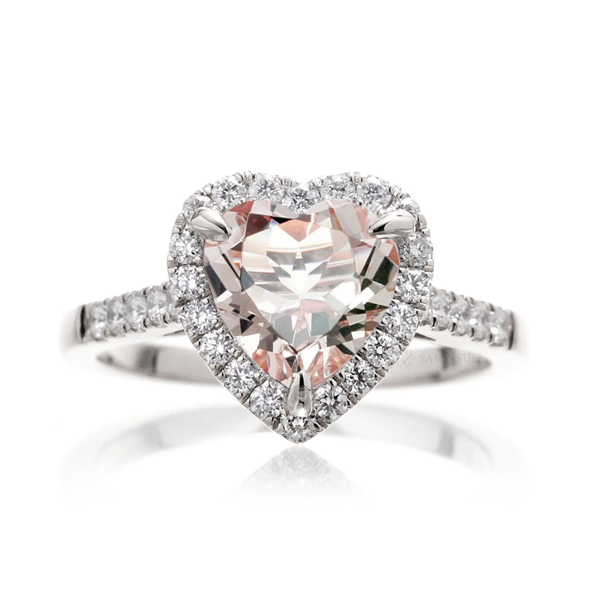Heart Morganite Ring With Diamond Halo And Diamond Band | The Alexa