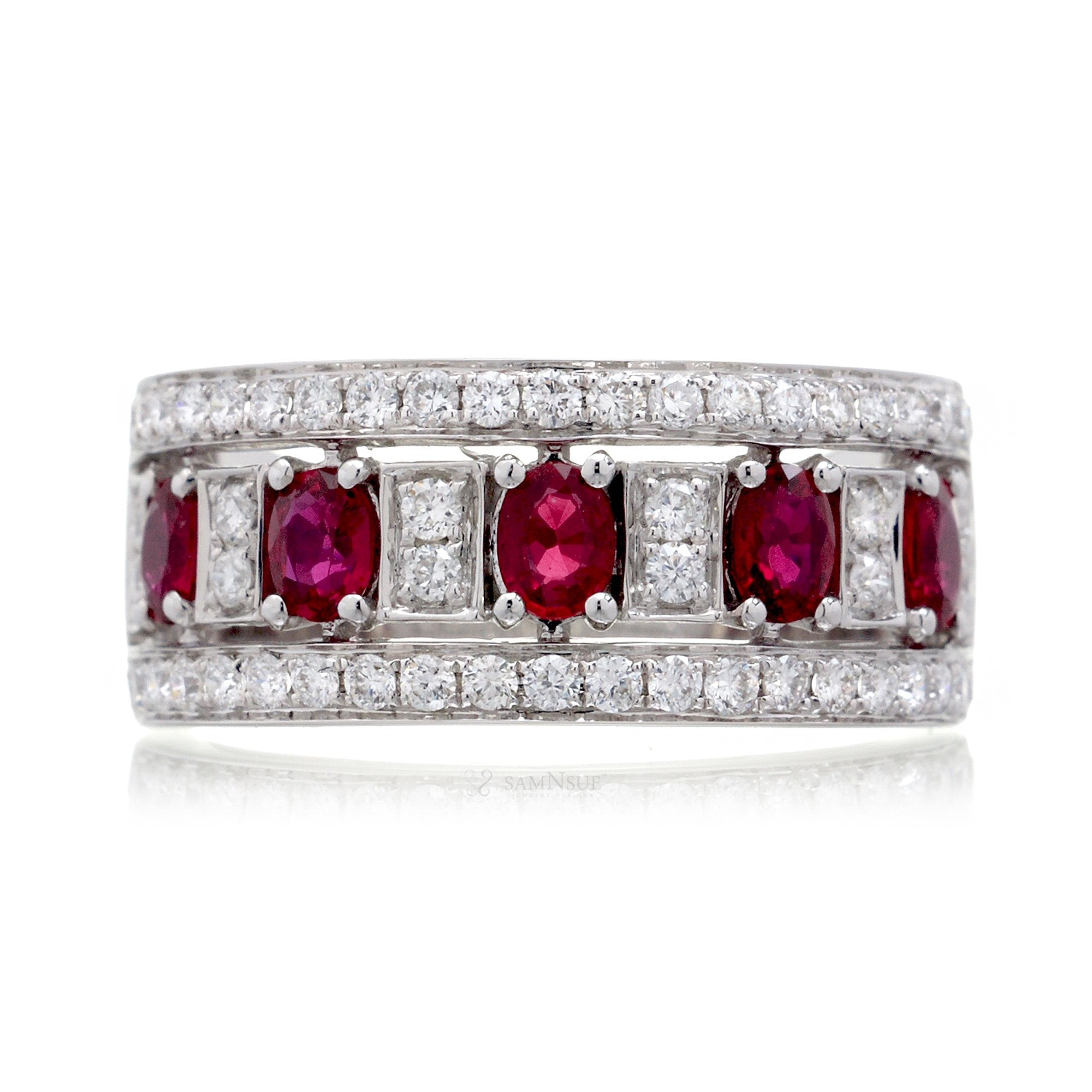 Five Stone Ruby Oval Diamond Anniversary Wedding Band - The Marjorie