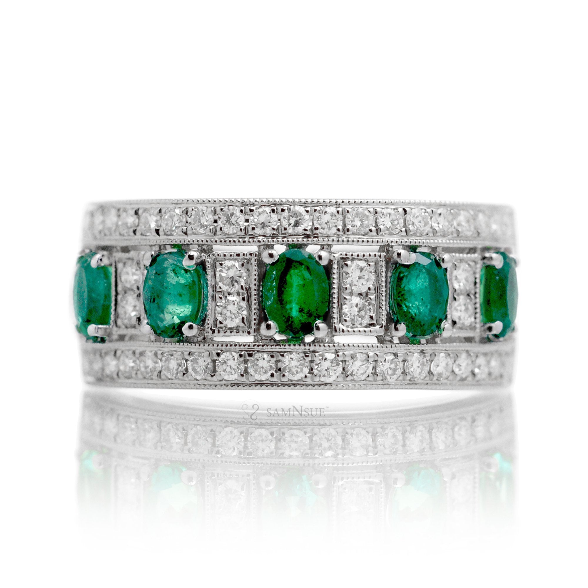 Five stone oval emeralds and diamond pave anniversary ring - the Marjorie