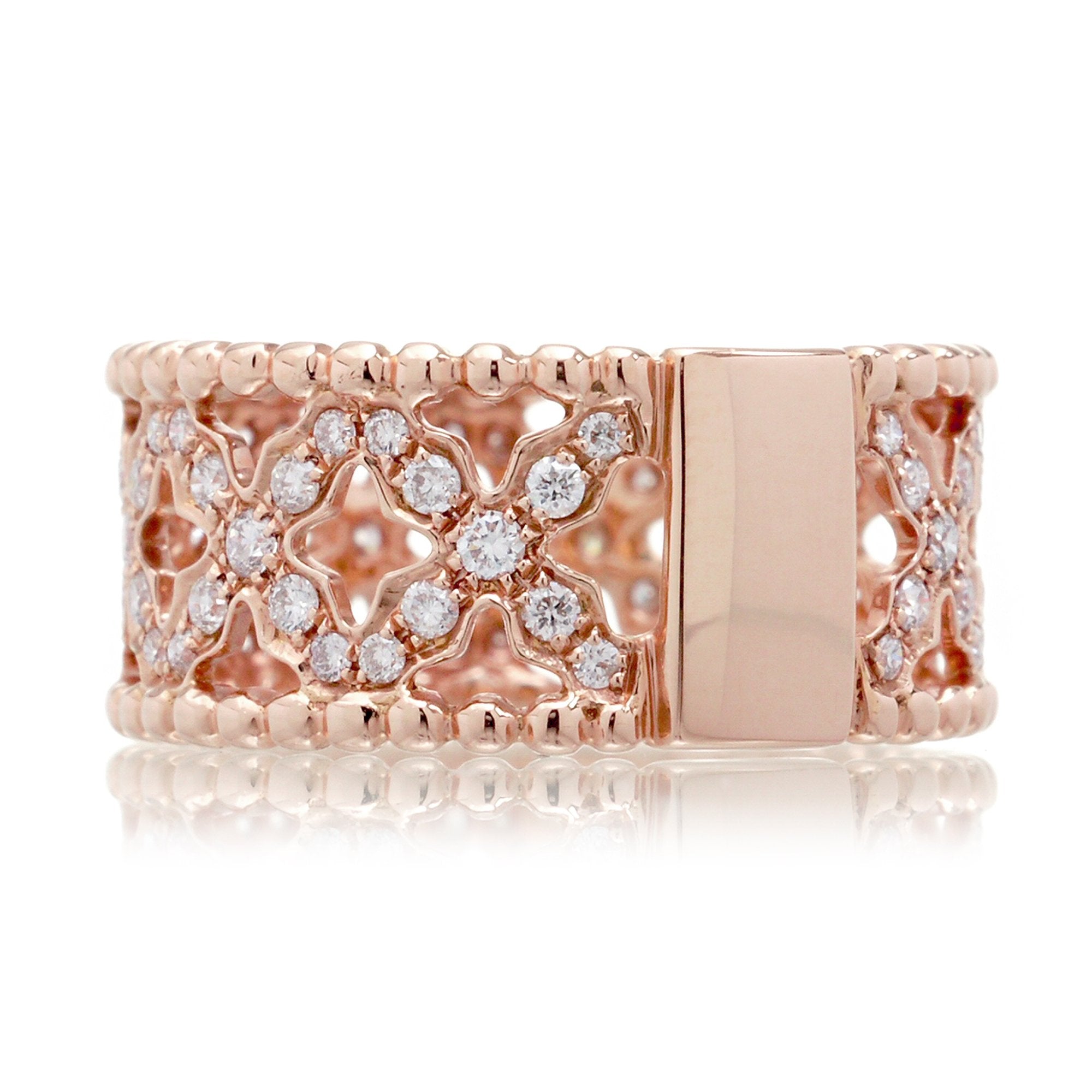 Diamond eternity band in rose gold with beads and criss cross clover pattern