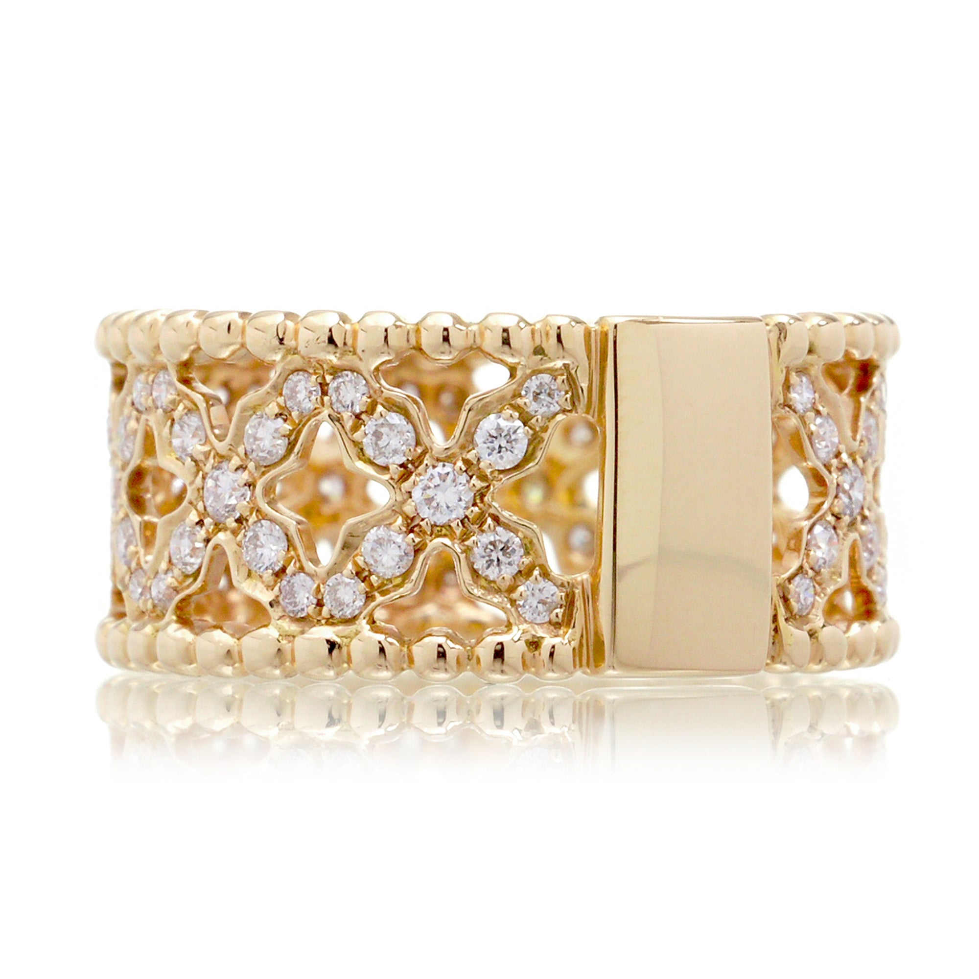 Diamond eternity band in yellow gold with beads and criss cross clover pattern