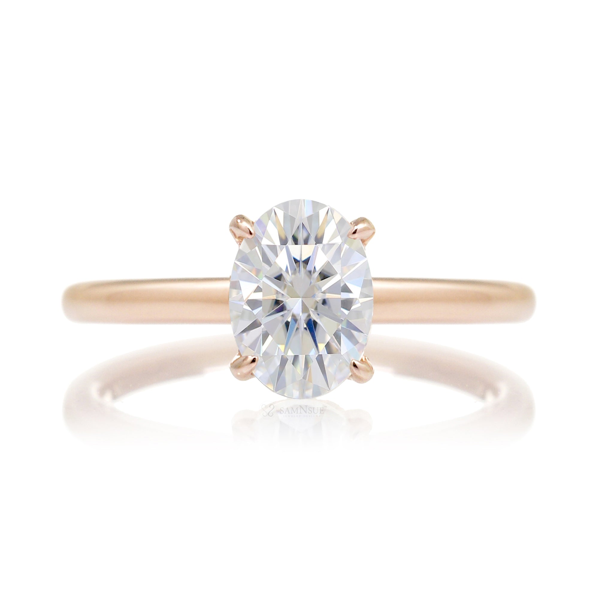 Solitaire oval moissanite ring diamond hidden halo solid band rose gold