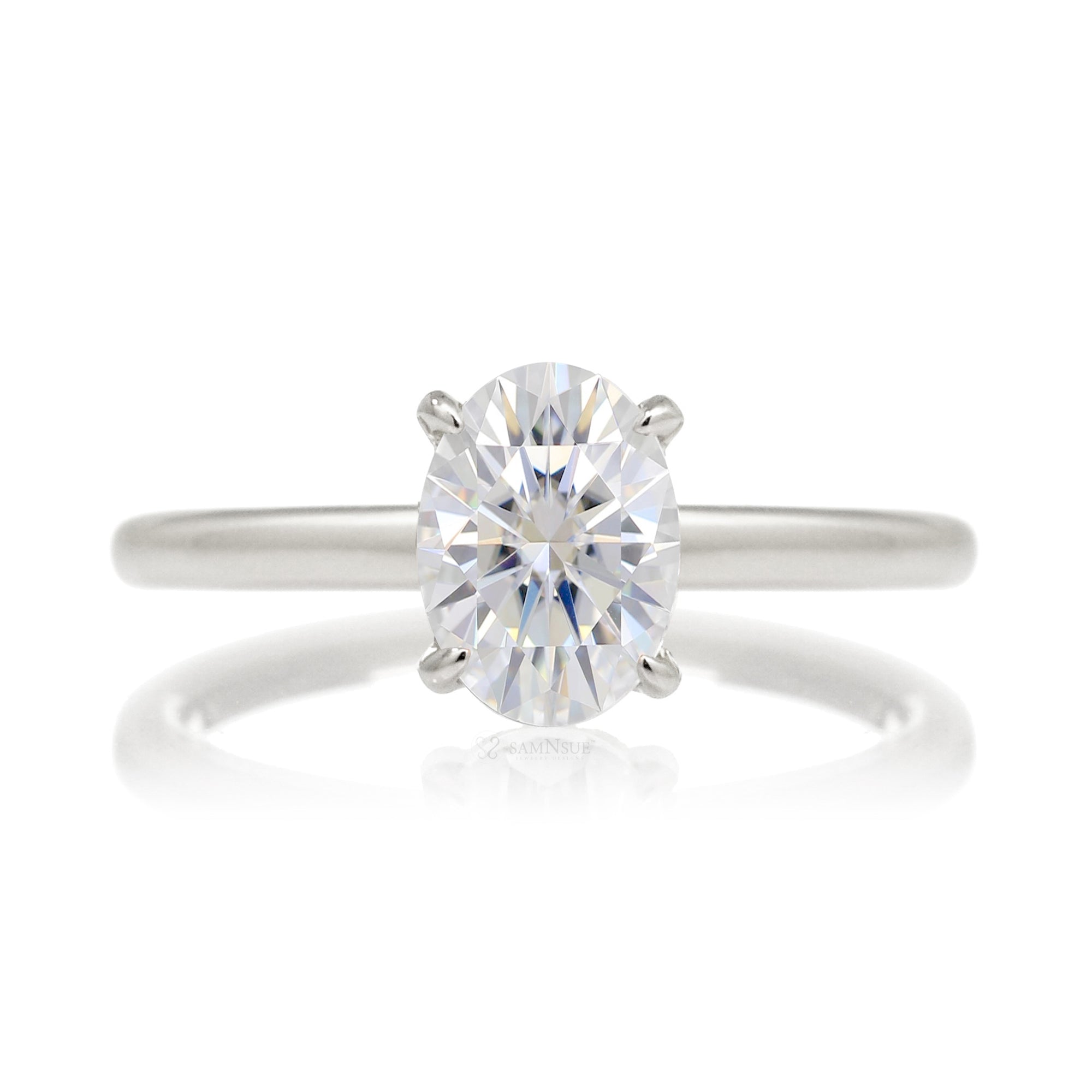 Solitaire oval moissanite ring diamond hidden halo solid band in white gold