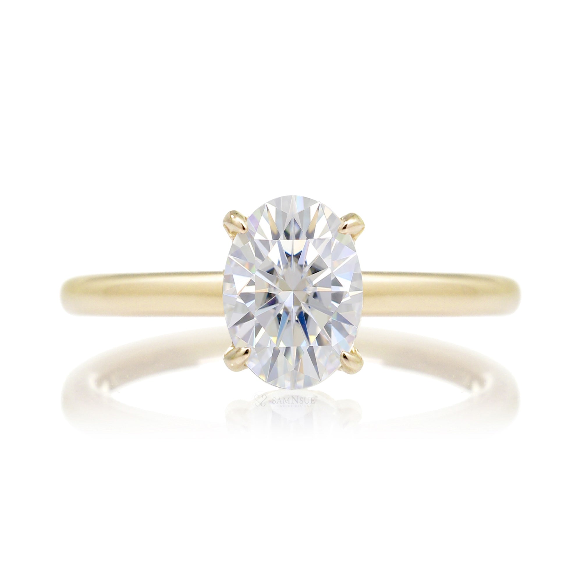 Solitaire oval moissanite ring diamond hidden halo solid band in yellow gold