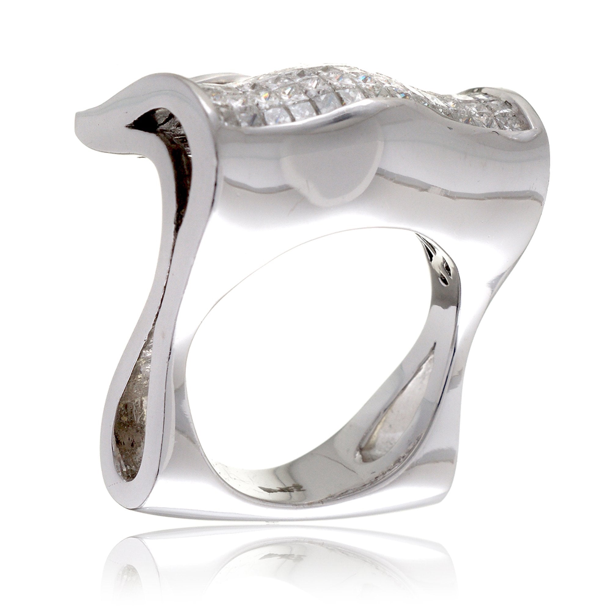 Unique diamond band with princess cut diamonds in a floating invisible setting white gold