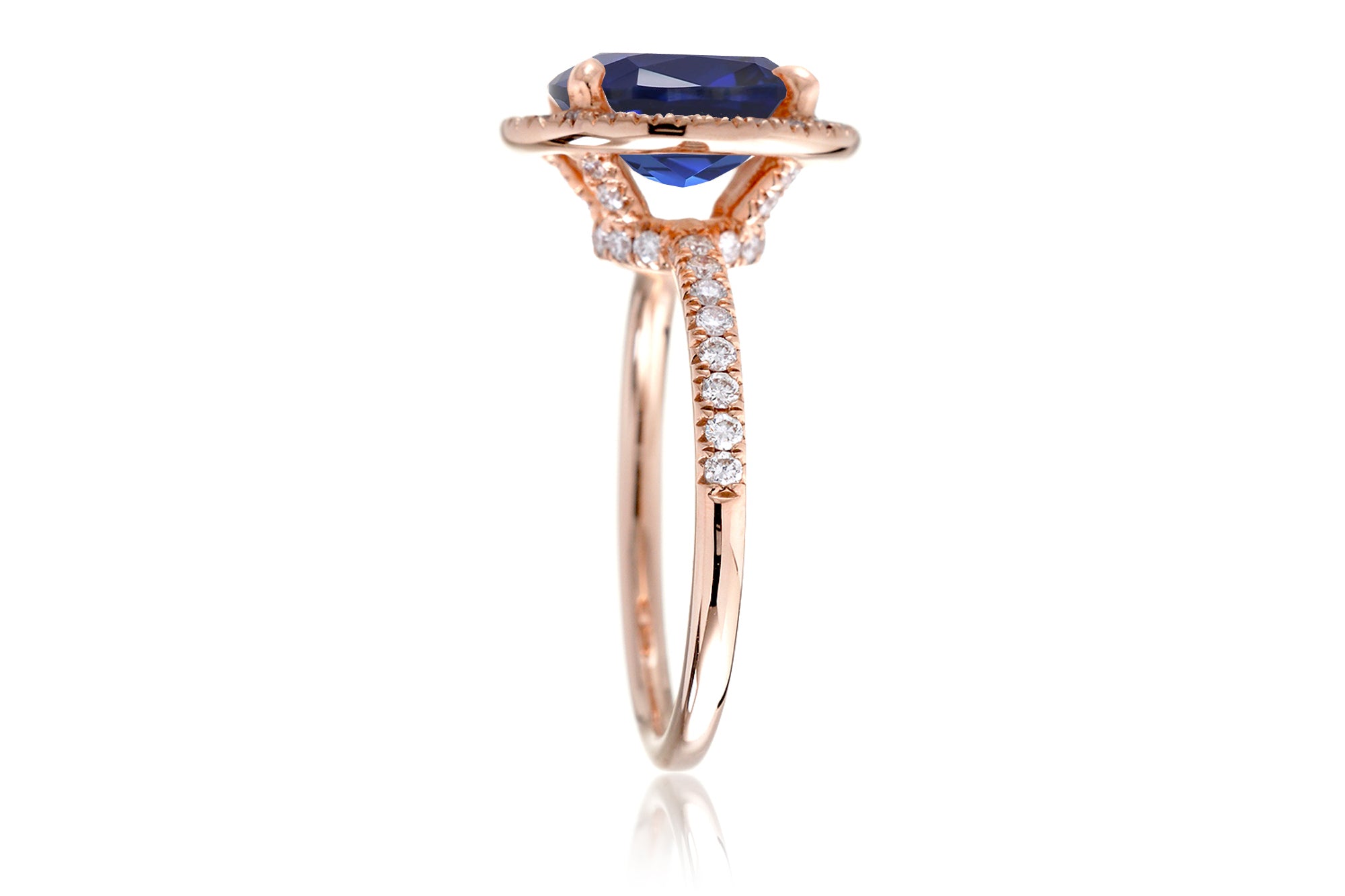 Oval sapphire diamond halo and band wedding rings rose gold