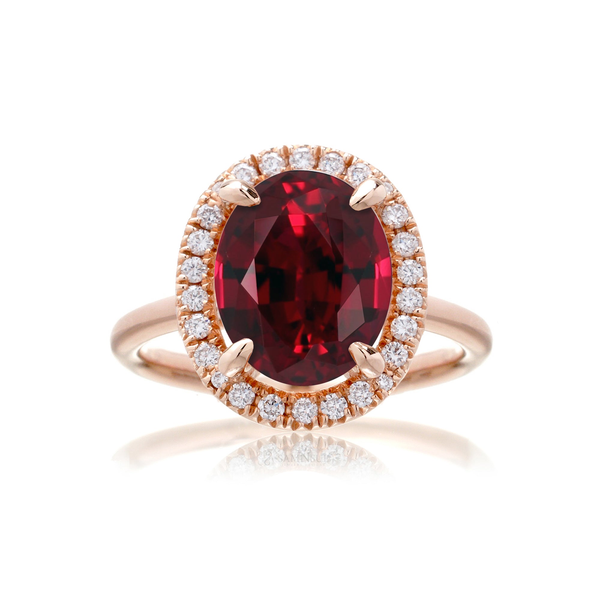 Oval cut ruby and diamond engagement ring the Drenched rose gold solid band