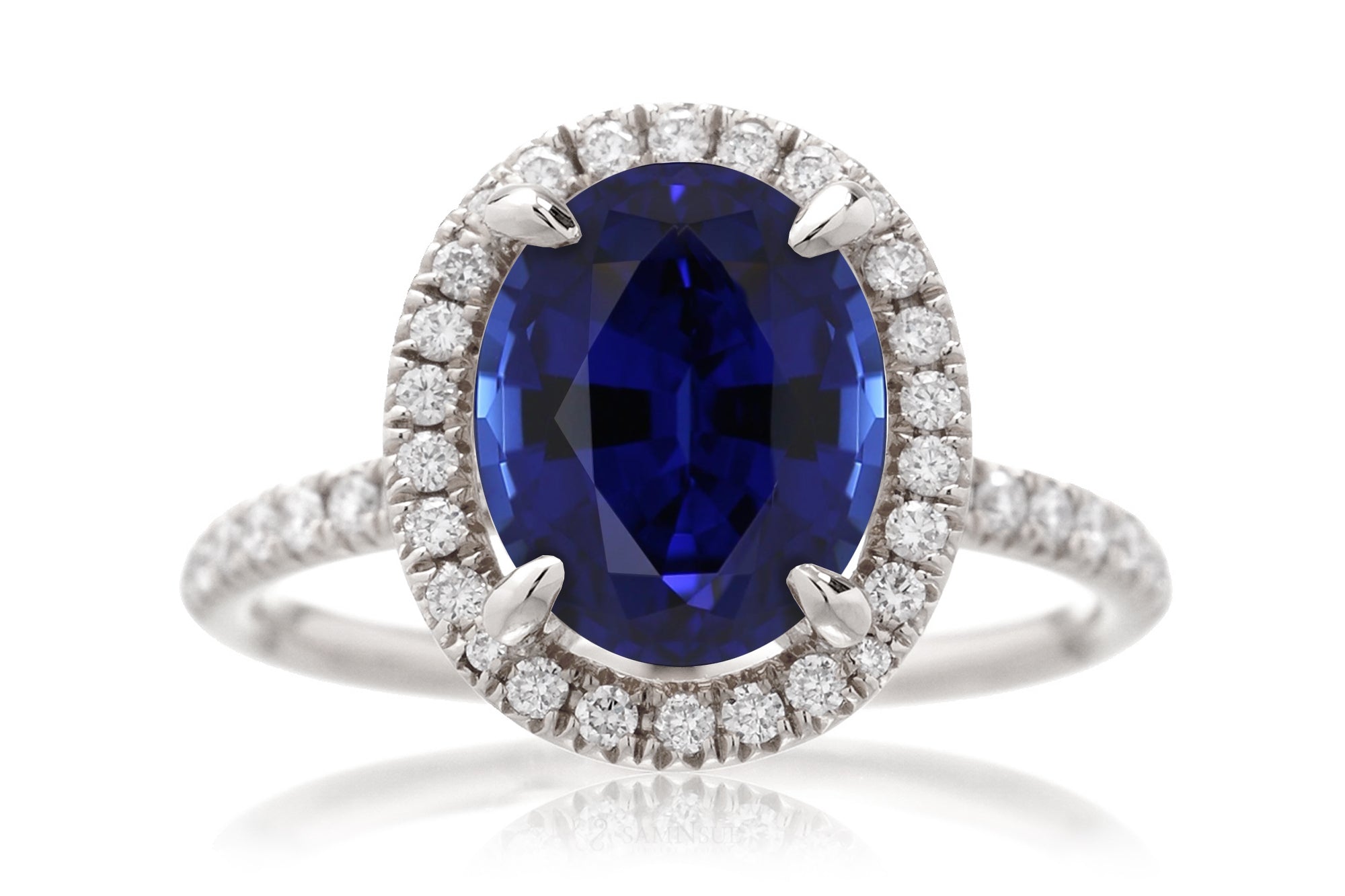 Oval sapphire diamond halo and band wedding rings white gold