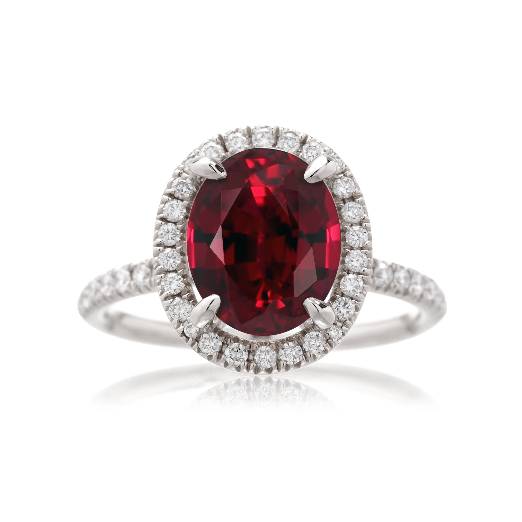 Oval cut ruby and diamond engagement ring the Drenched white gold