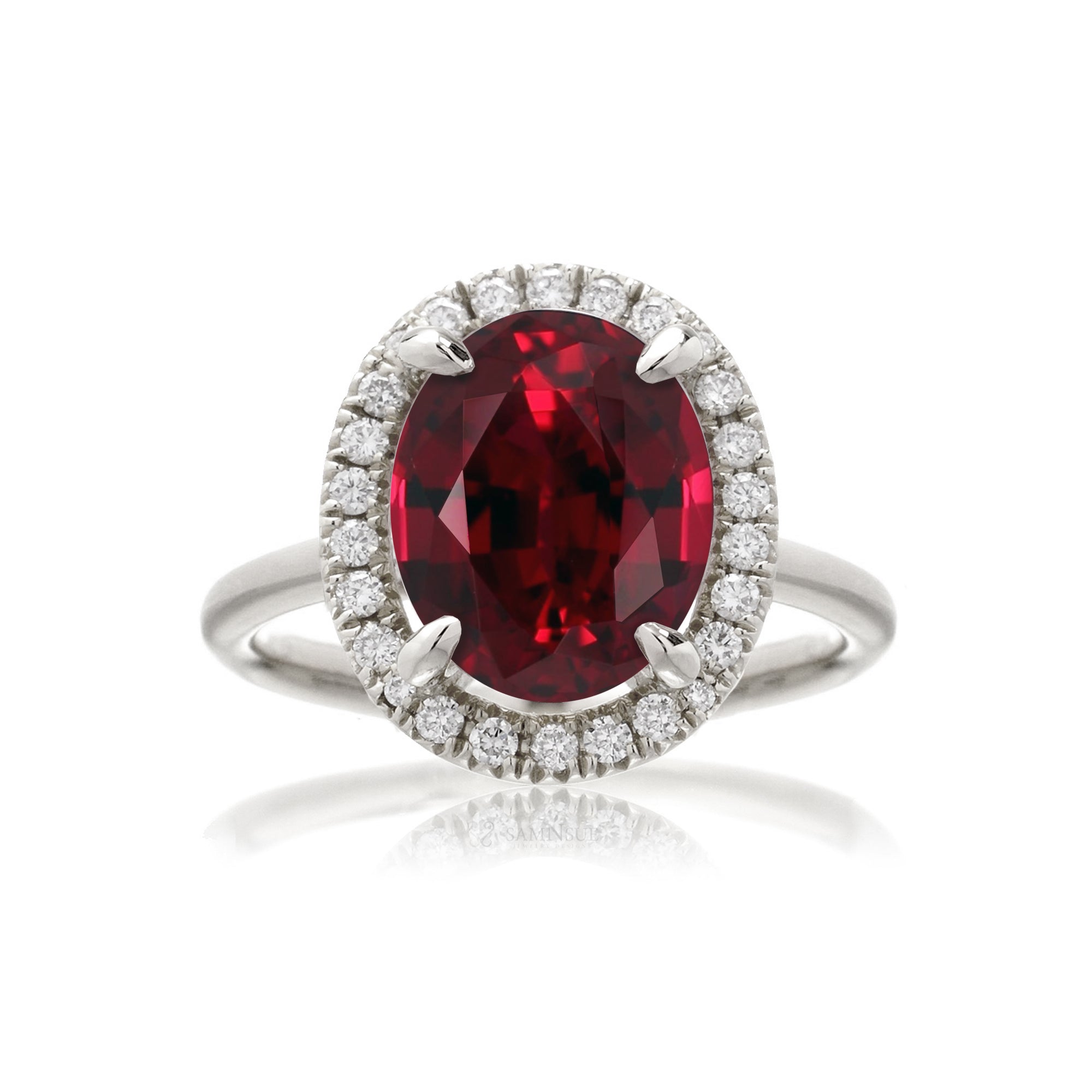 Oval cut ruby and diamond engagement ring the Drenched white gold solid band
