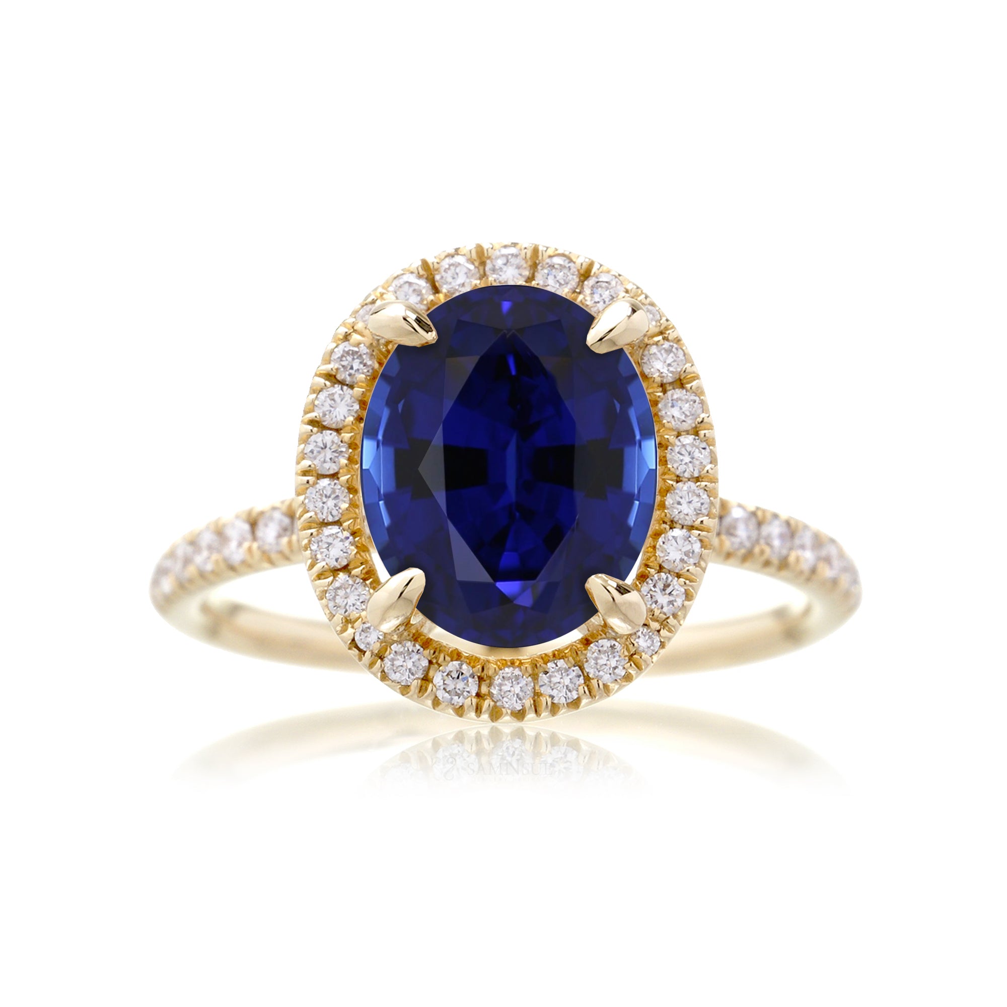 Oval sapphire diamond halo and band wedding rings yellow gold