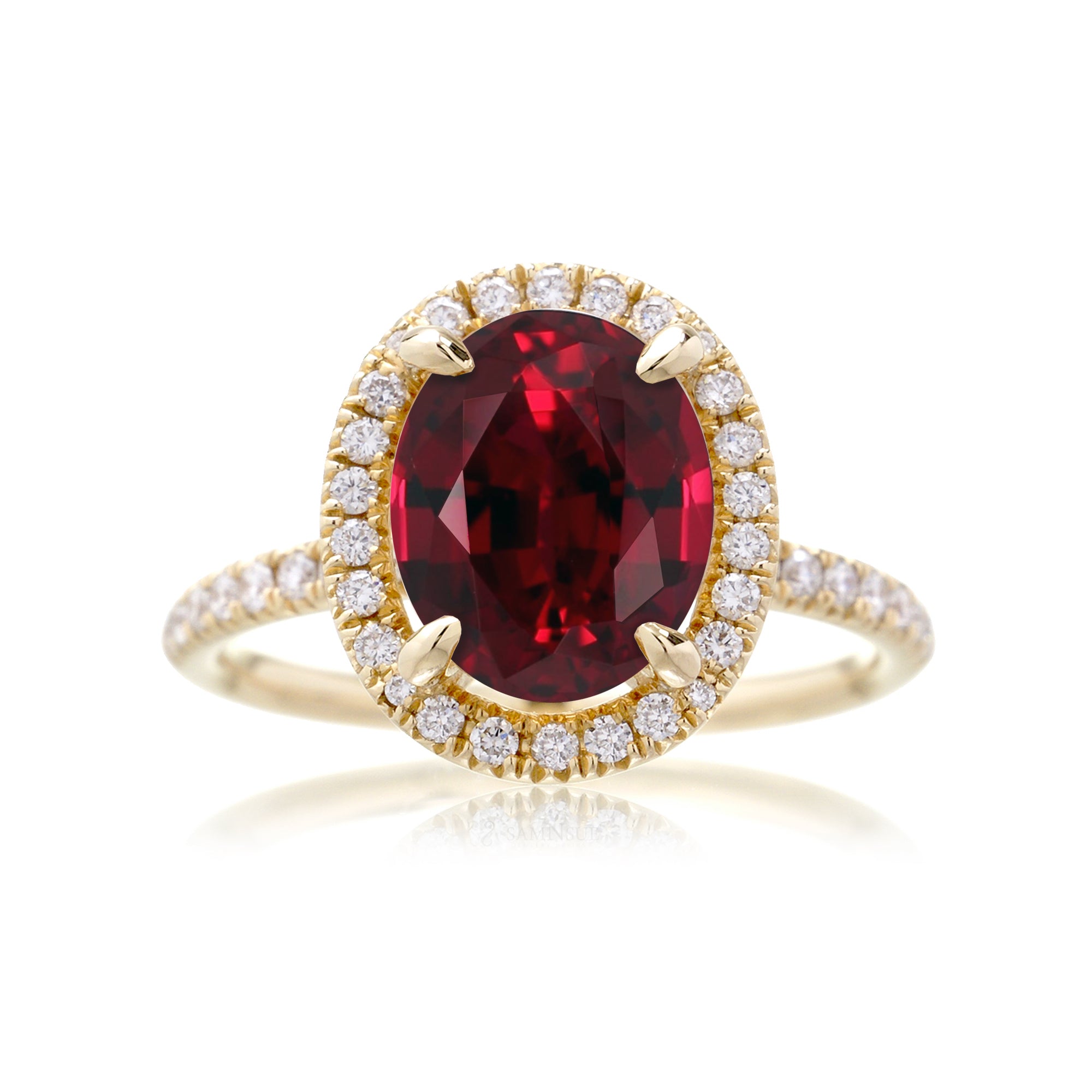 Oval cut ruby and diamond engagement ring the Drenched yellow gold