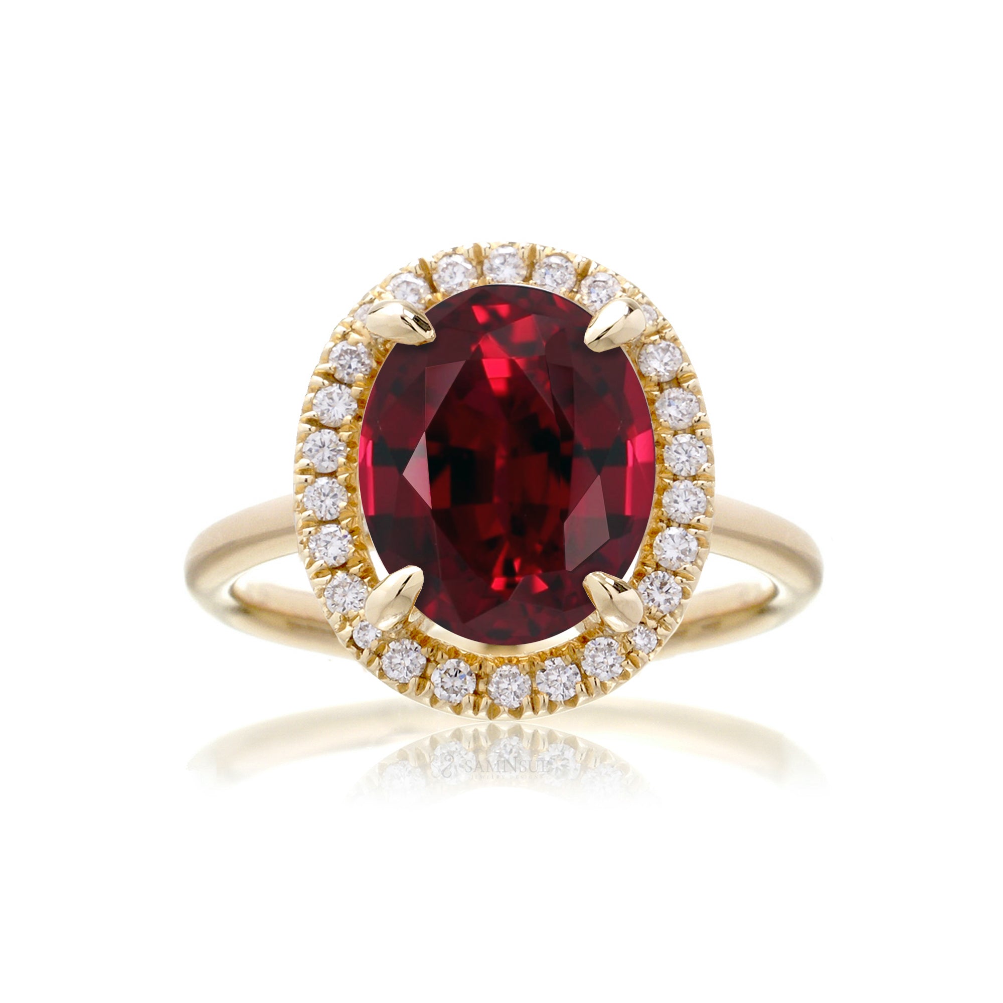 Oval cut ruby and diamond engagement ring the Drenched yellow gold solid band
