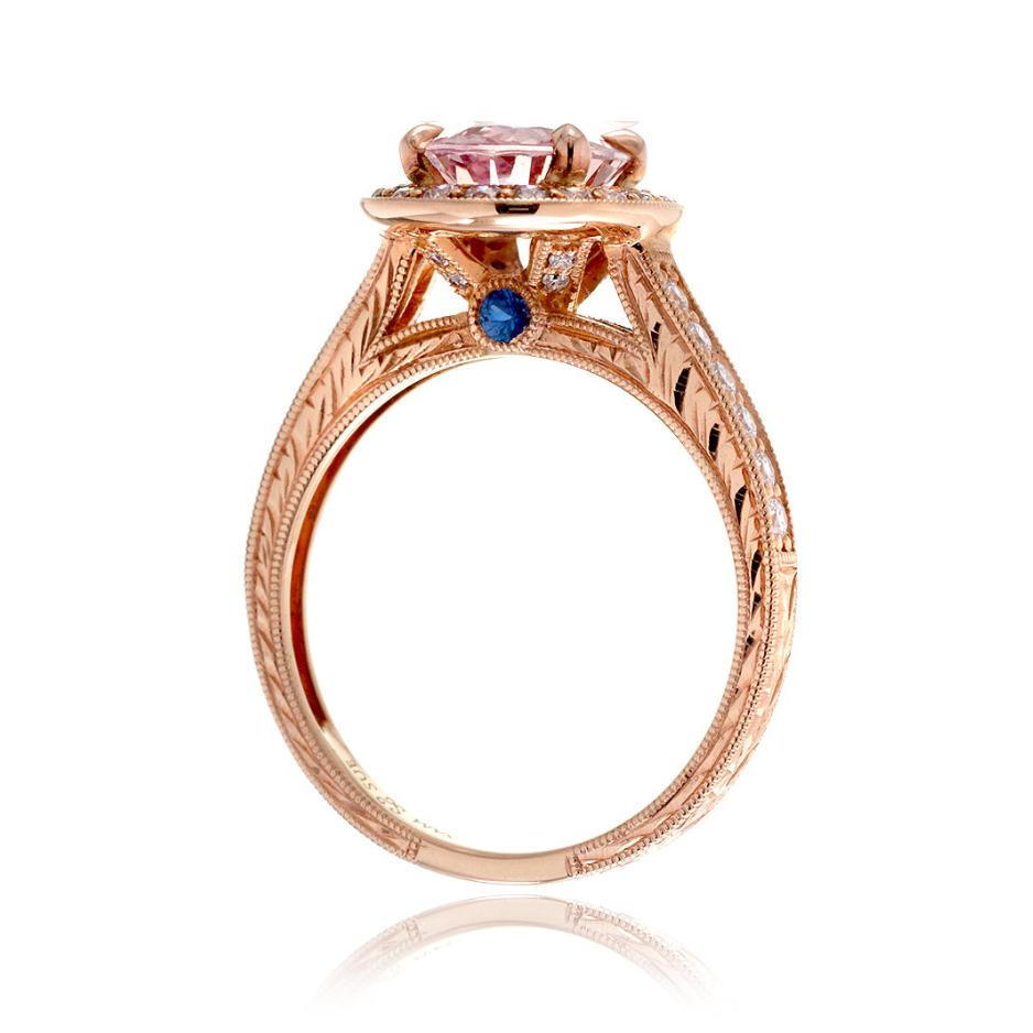 Pink sapphire and diamond vintage style rose gold engagement with halo and carving