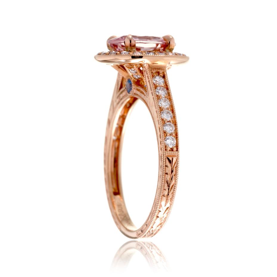 Pink sapphire and diamond vintage style rose gold engagement with halo and carving