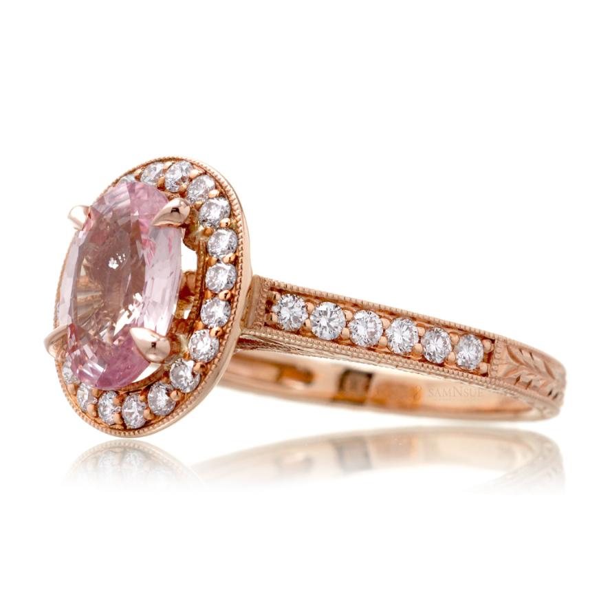 Pink sapphire and diamond vintage style rose gold engagement with halo and carving