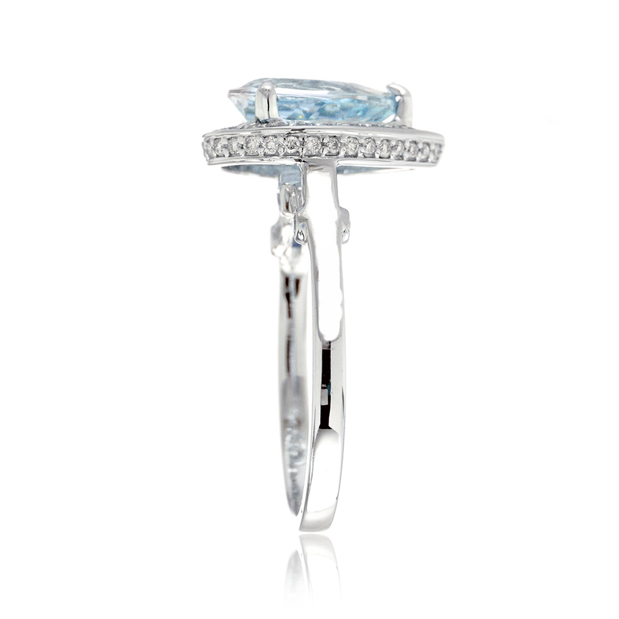 Aquamarine solitaire ring with diamond halo solid band bezel diamond accent in white gold