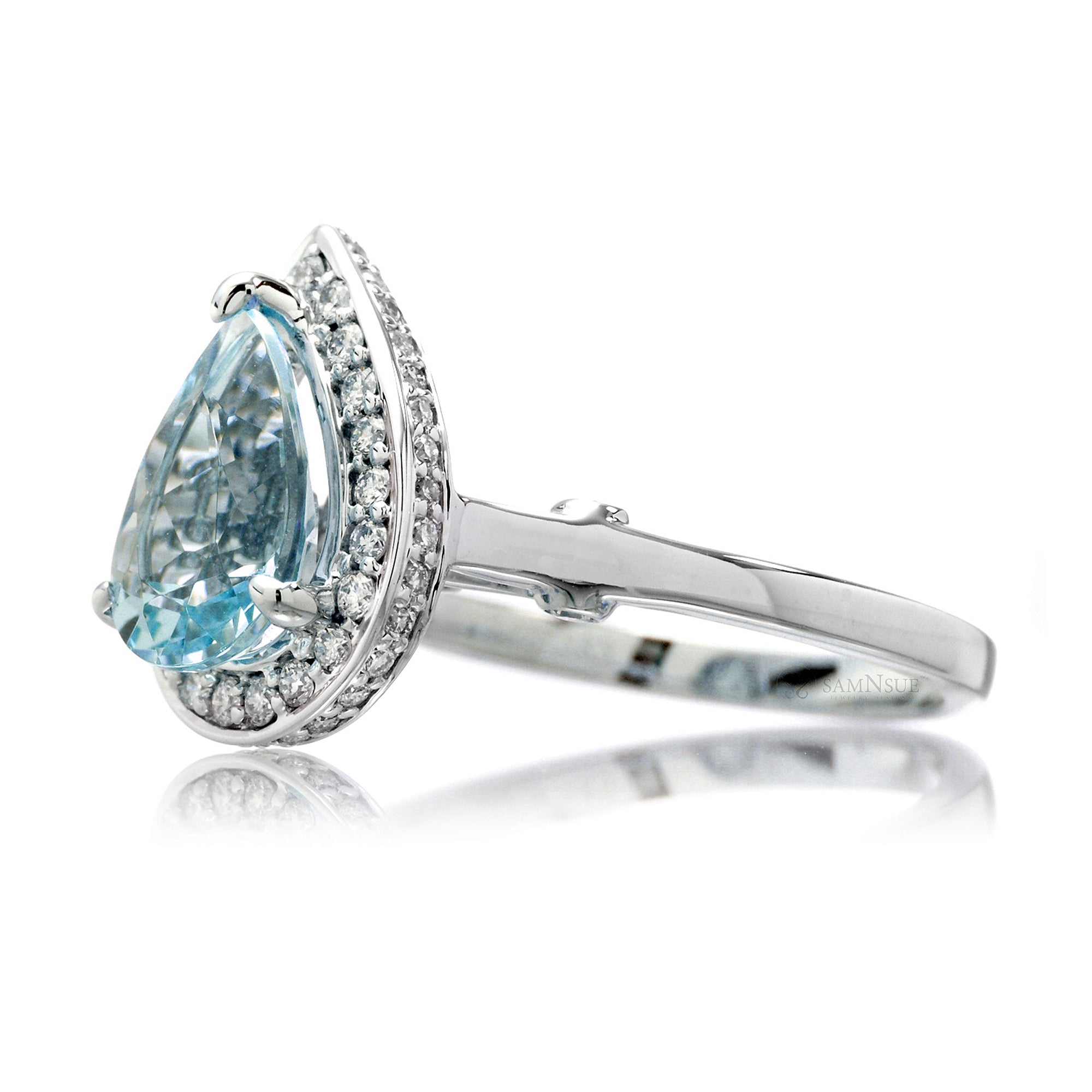 Aquamarine solitaire ring with diamond halo solid band bezel diamond accent in white gold