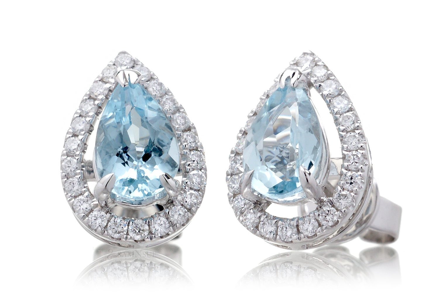 Pear cut aquamarine teardrop and diamond halo stud earrings in white gold