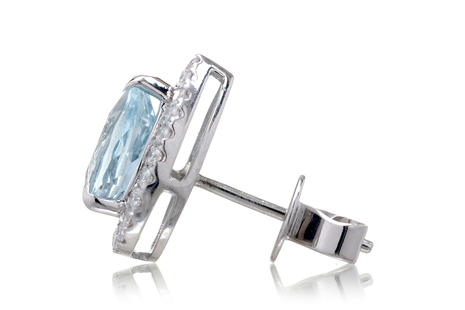 Pear cut aquamarine teardrop and diamond halo stud earrings in white gold