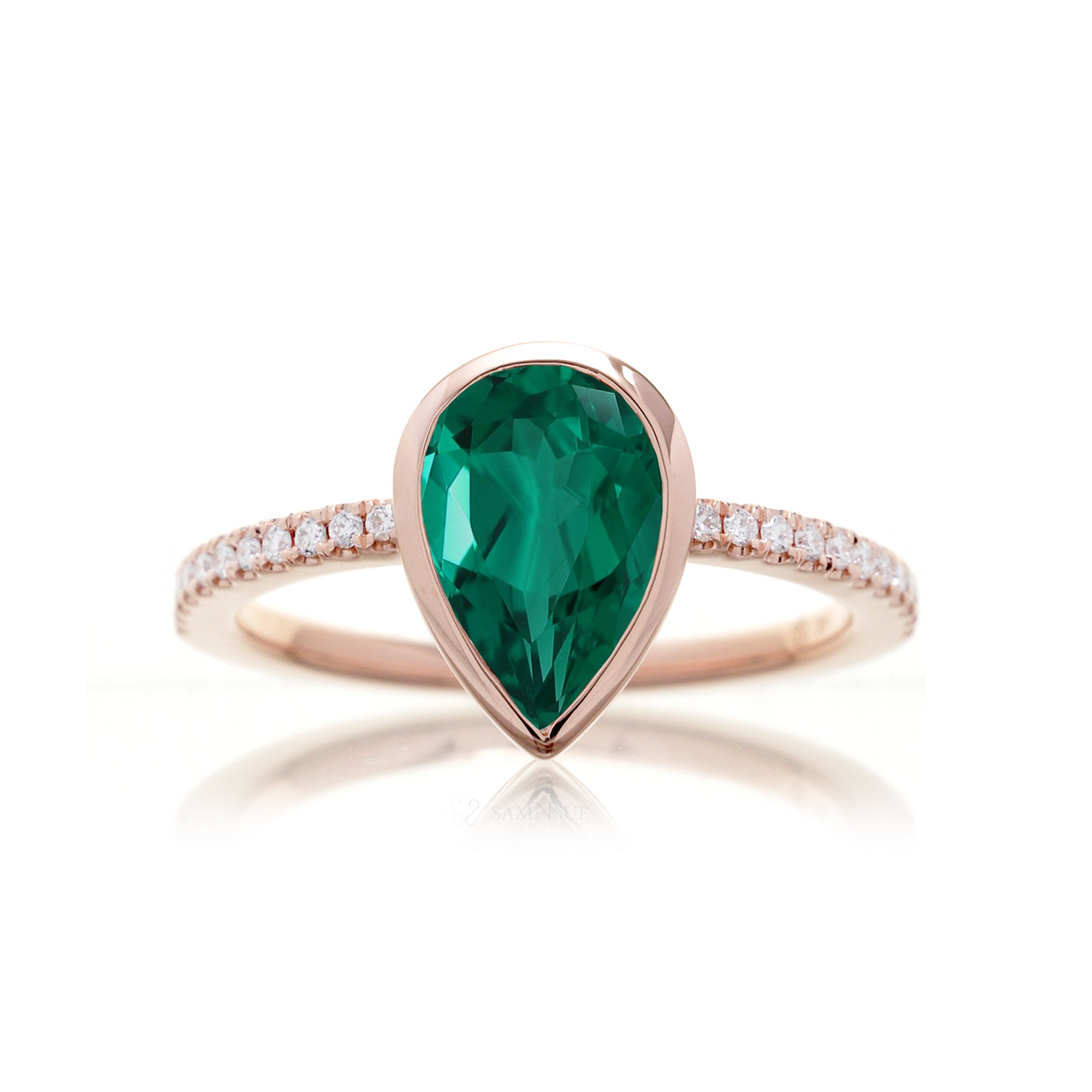 Pear emerald bezel set diamond band engagement ring in rose gold - The Beverly