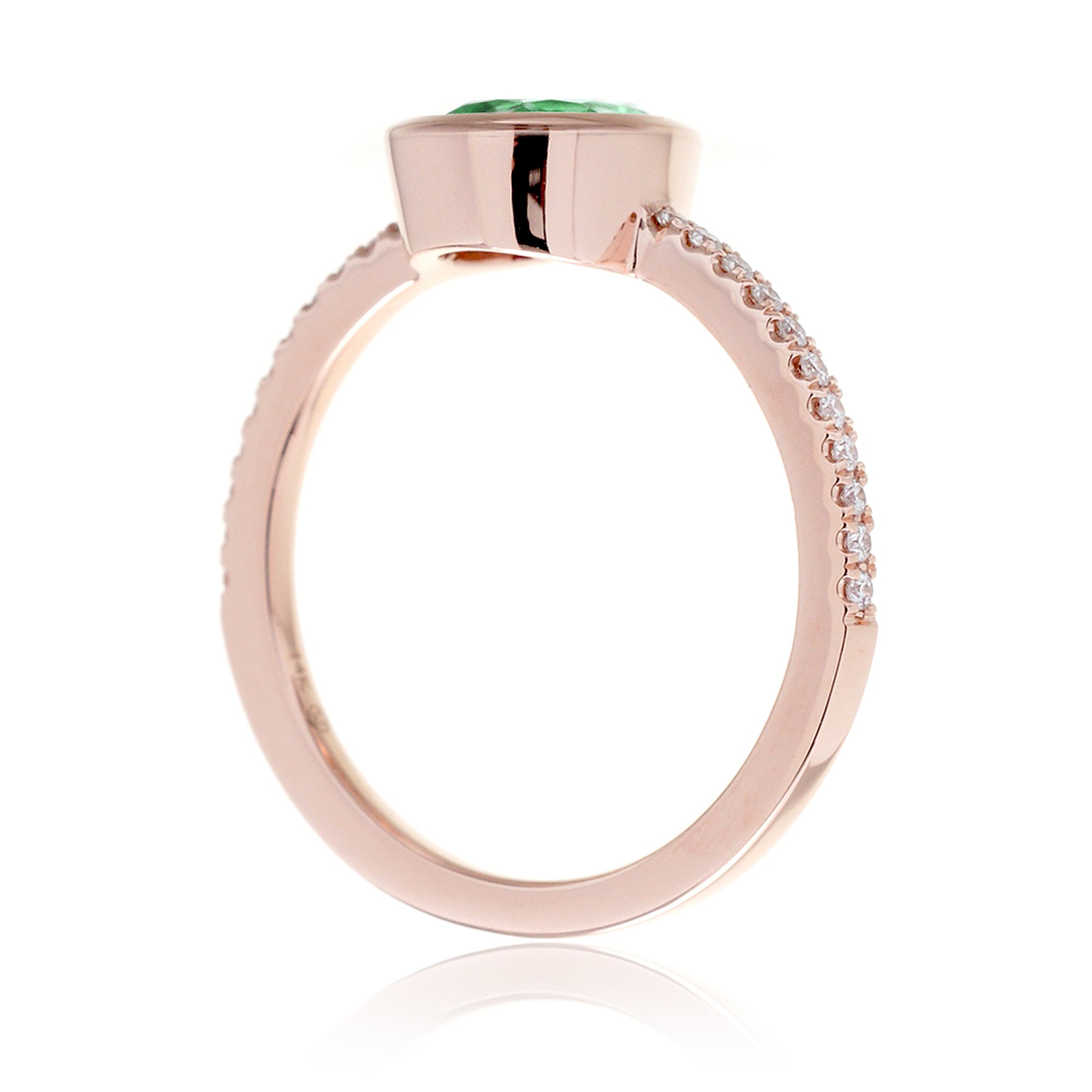 Pear emerald bezel set diamond band engagement ring in rose gold - The Beverly
