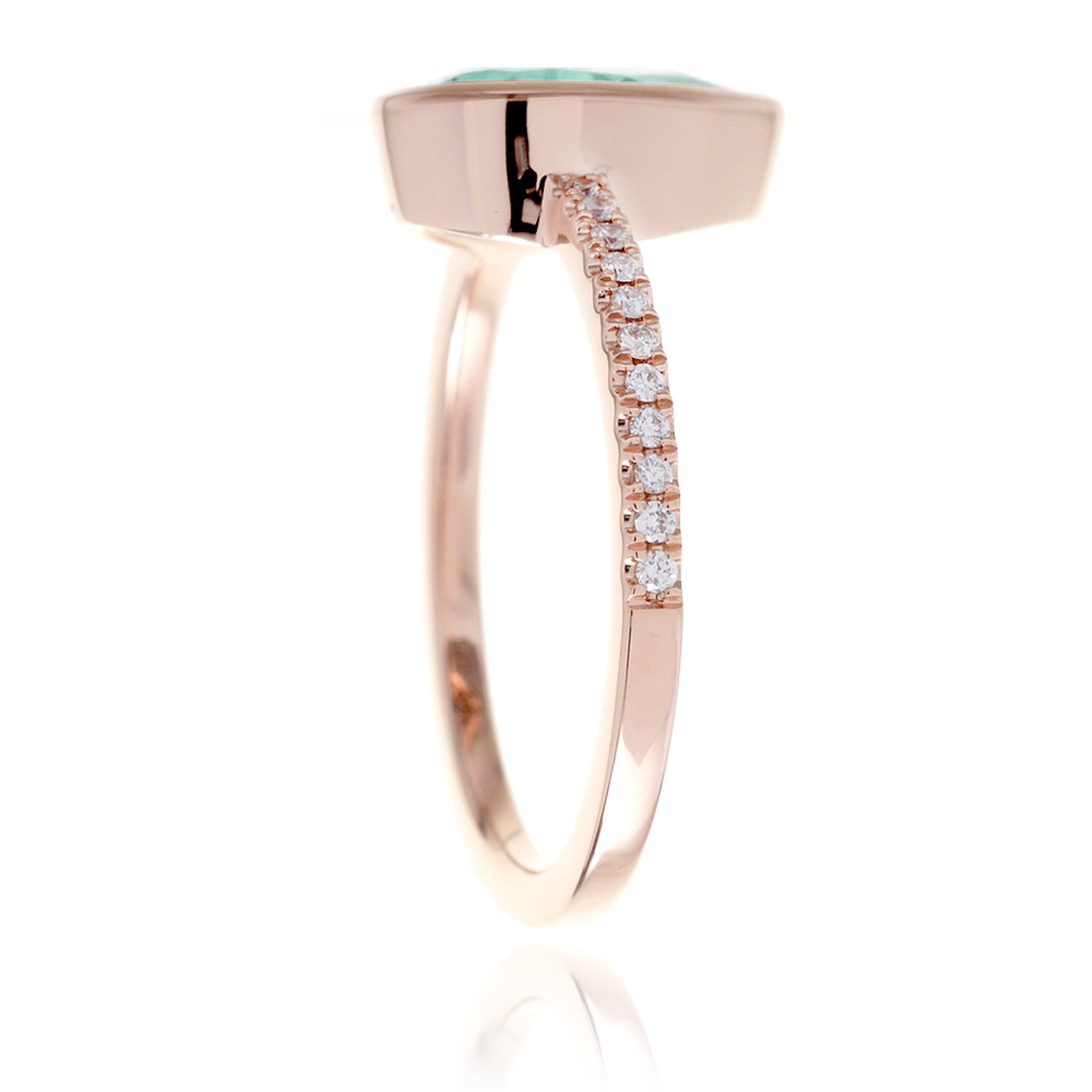 Pear emerald bezel set diamond band engagement ring in rose gold - The Beverly