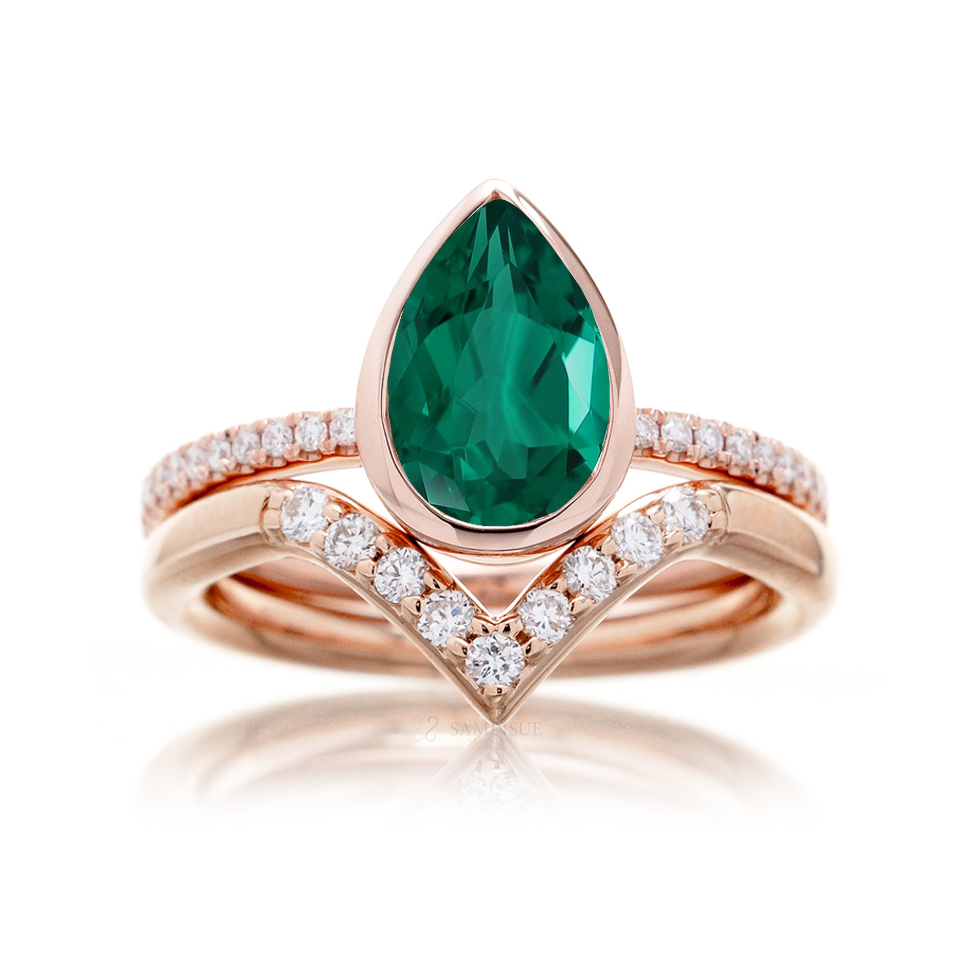 Pear emerald bezel set diamond band engagement ring in rose gold - The Beverly