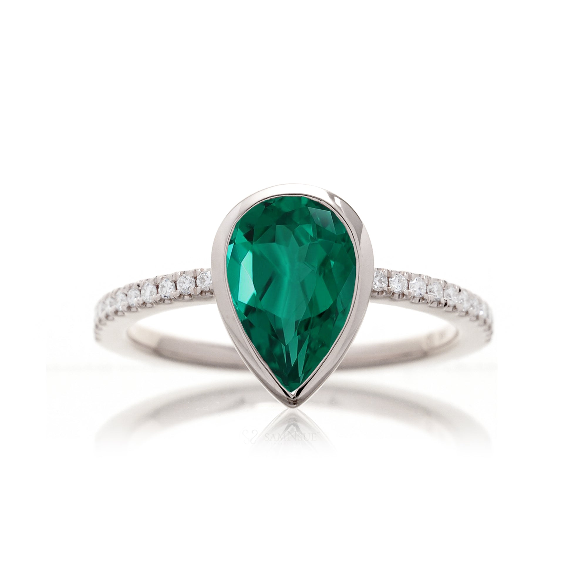 Pear emerald bezel set diamond band engagement ring in white gold - The Beverly