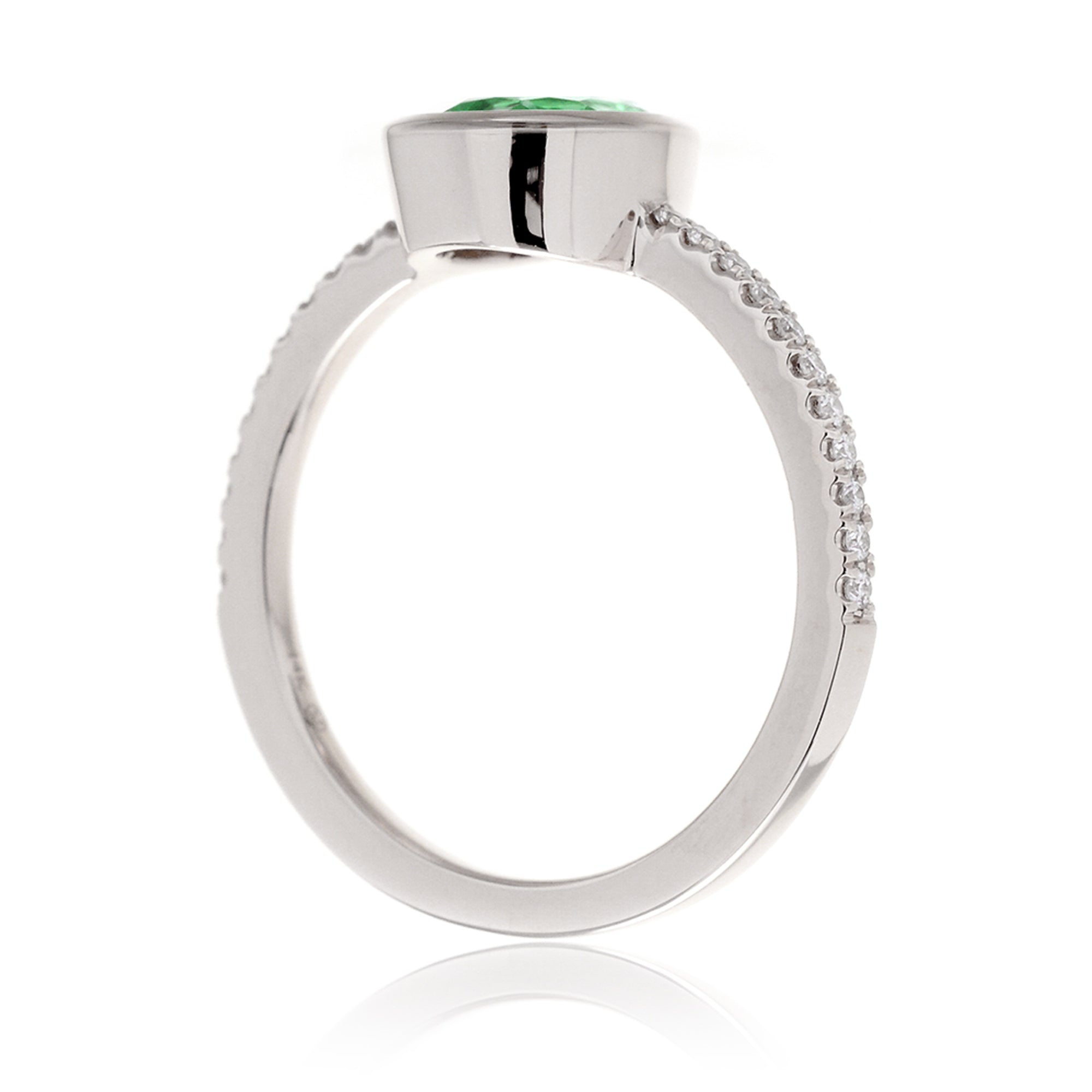 Pear emerald bezel set diamond band engagement ring in white gold - The Beverly