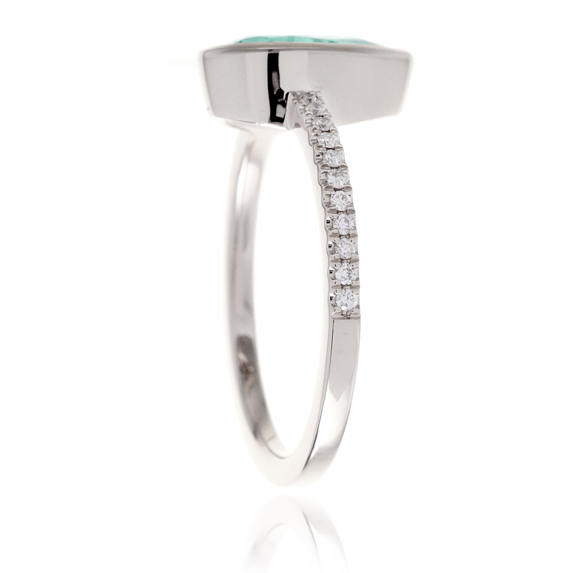 Pear emerald bezel set diamond band engagement ring in white gold - The Beverly