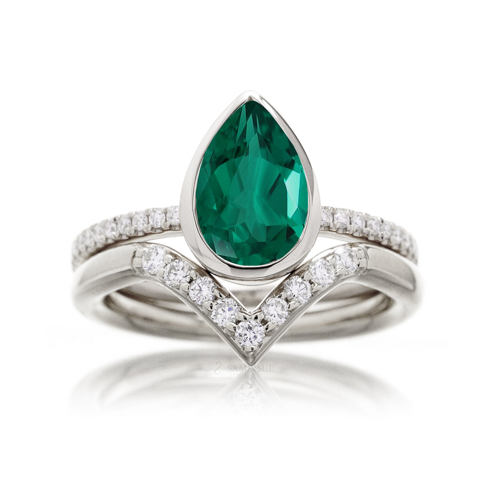 Pear emerald bezel set diamond band engagement ring in white gold - The Beverly