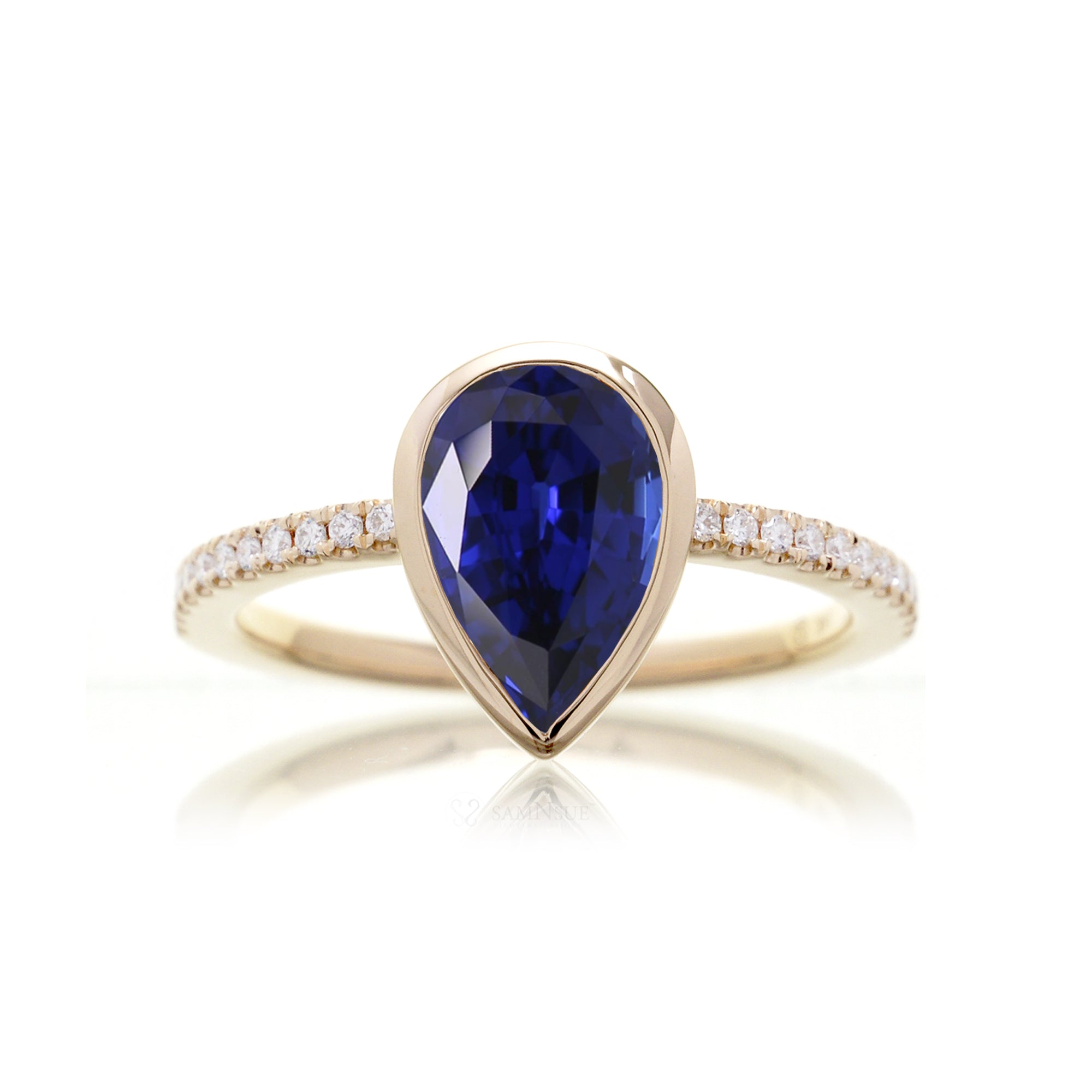 Teardrop sapphire ring bezel diamond band - The Beverly yellow gold