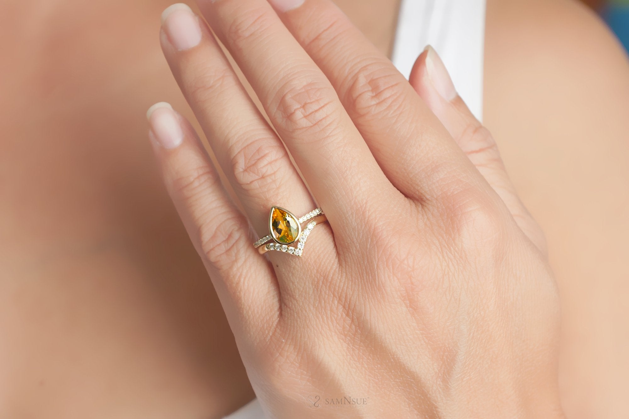 Yellow Citrine engagement ring-Solid 14k White gold-handmade diamond ring-Halo  Pear cut citrine ring -6x9mm birthstone promise ring for her