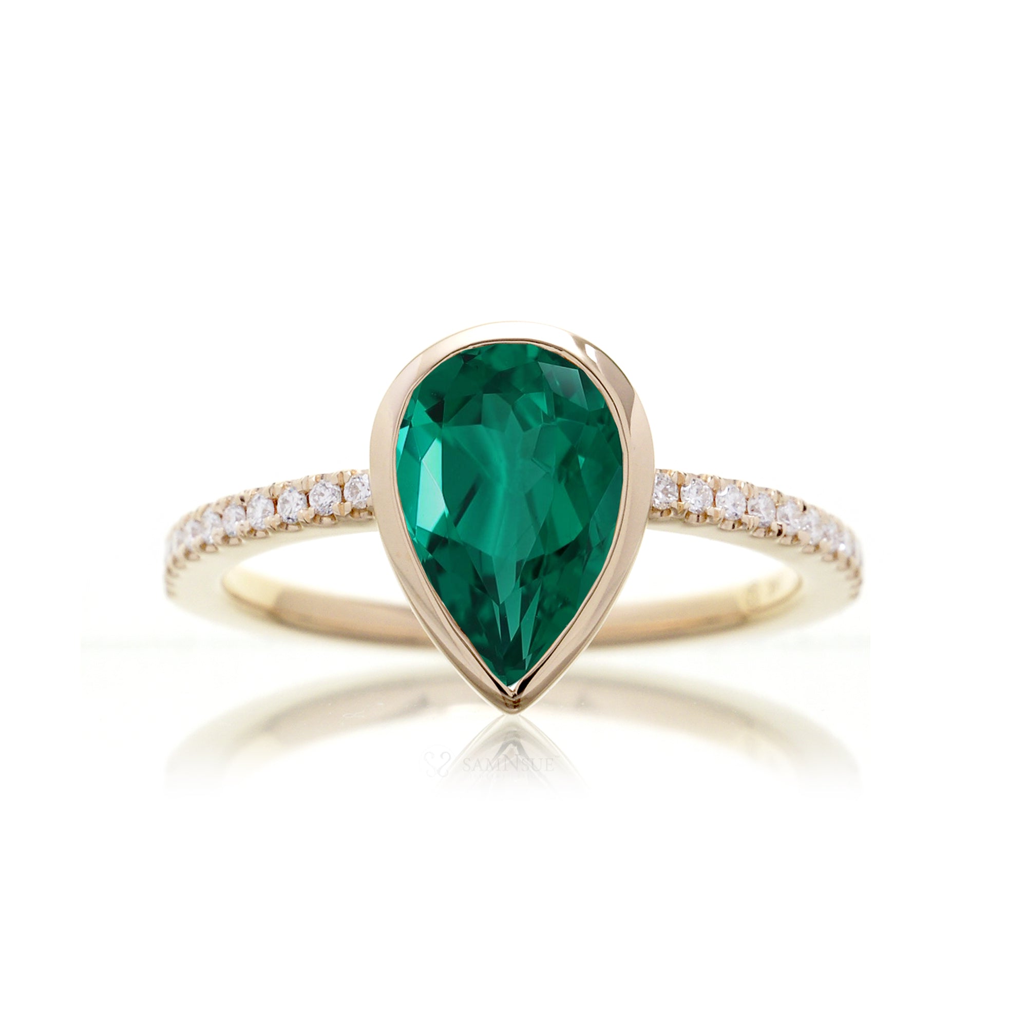 Pear emerald bezel set diamond band engagement ring in yellow gold - The Beverly