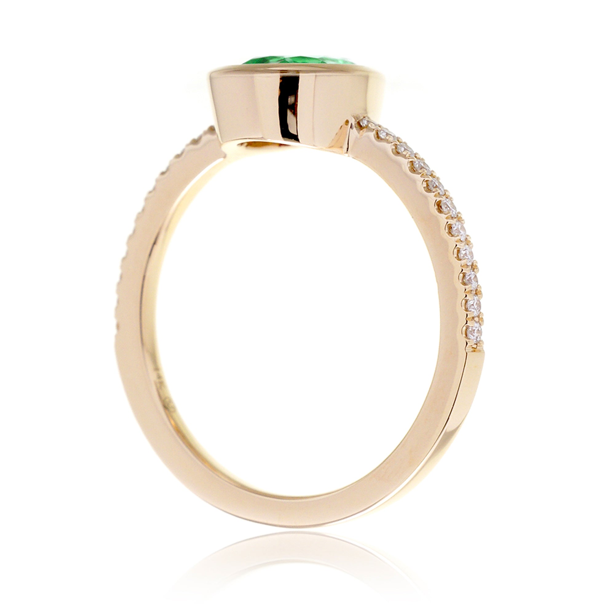 Pear emerald bezel set diamond band engagement ring in yellow gold - The Beverly