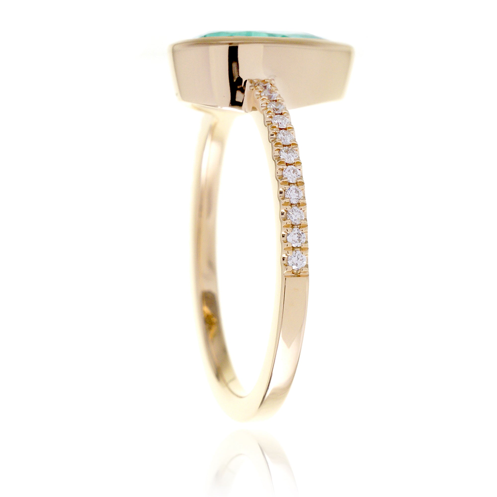 Pear emerald bezel set diamond band engagement ring in yellow gold - The Beverly