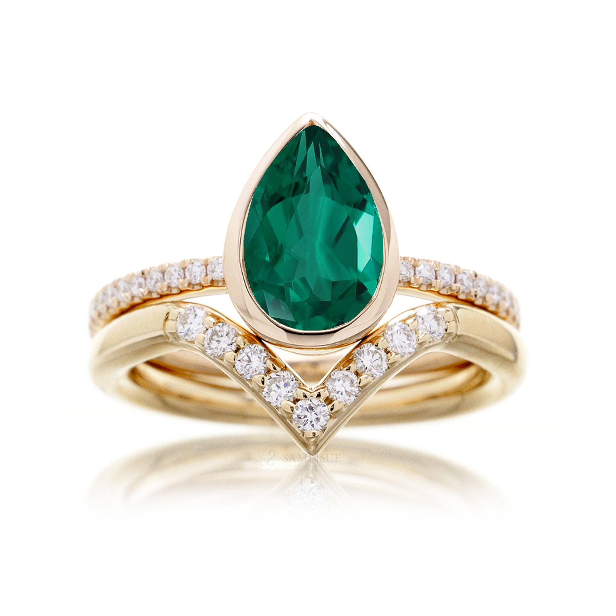 Pear emerald bezel set diamond band engagement ring in yellow gold - The Beverly