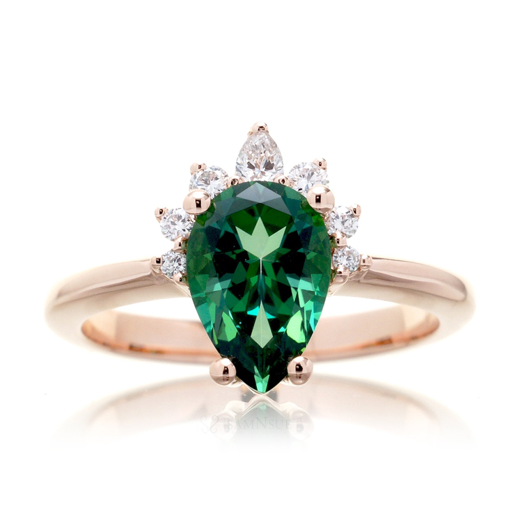 Green pear emerald half diamond halo ring - the Pacey rose gold