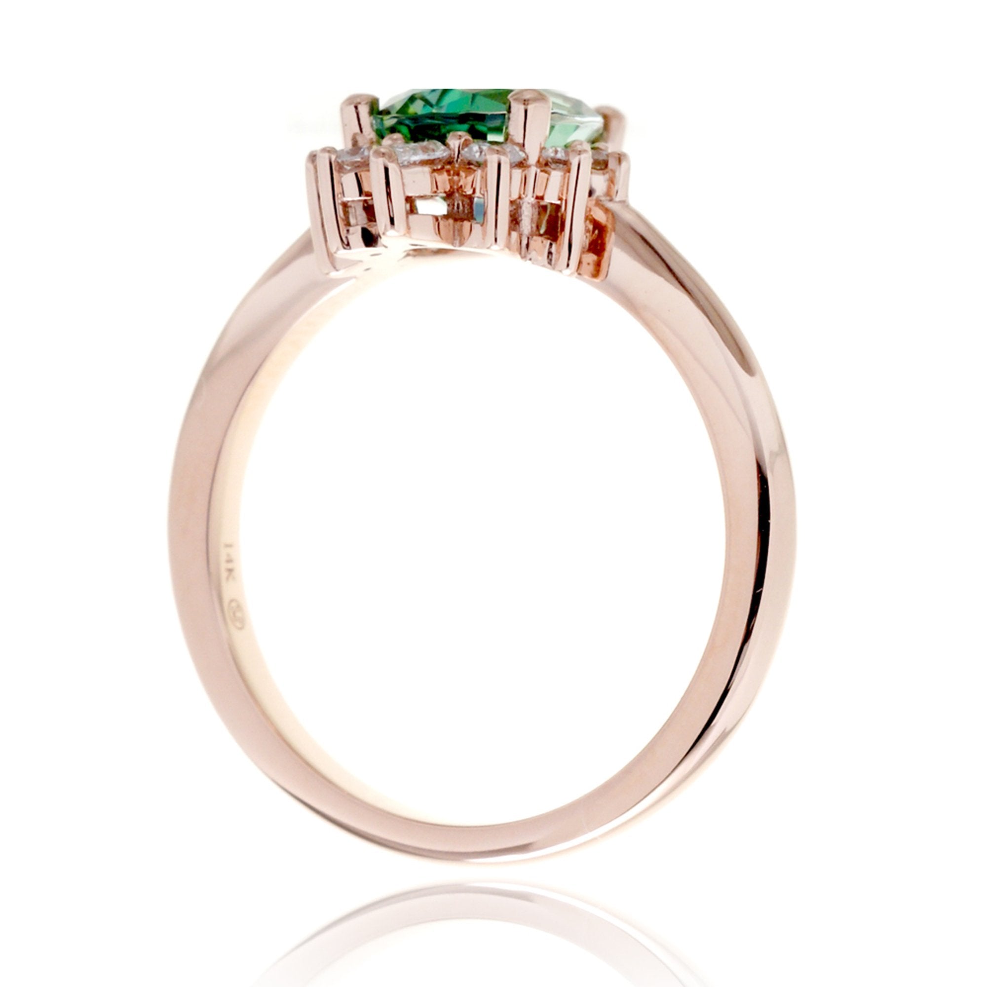 Green pear emerald half diamond halo ring - the Pacey rose gold