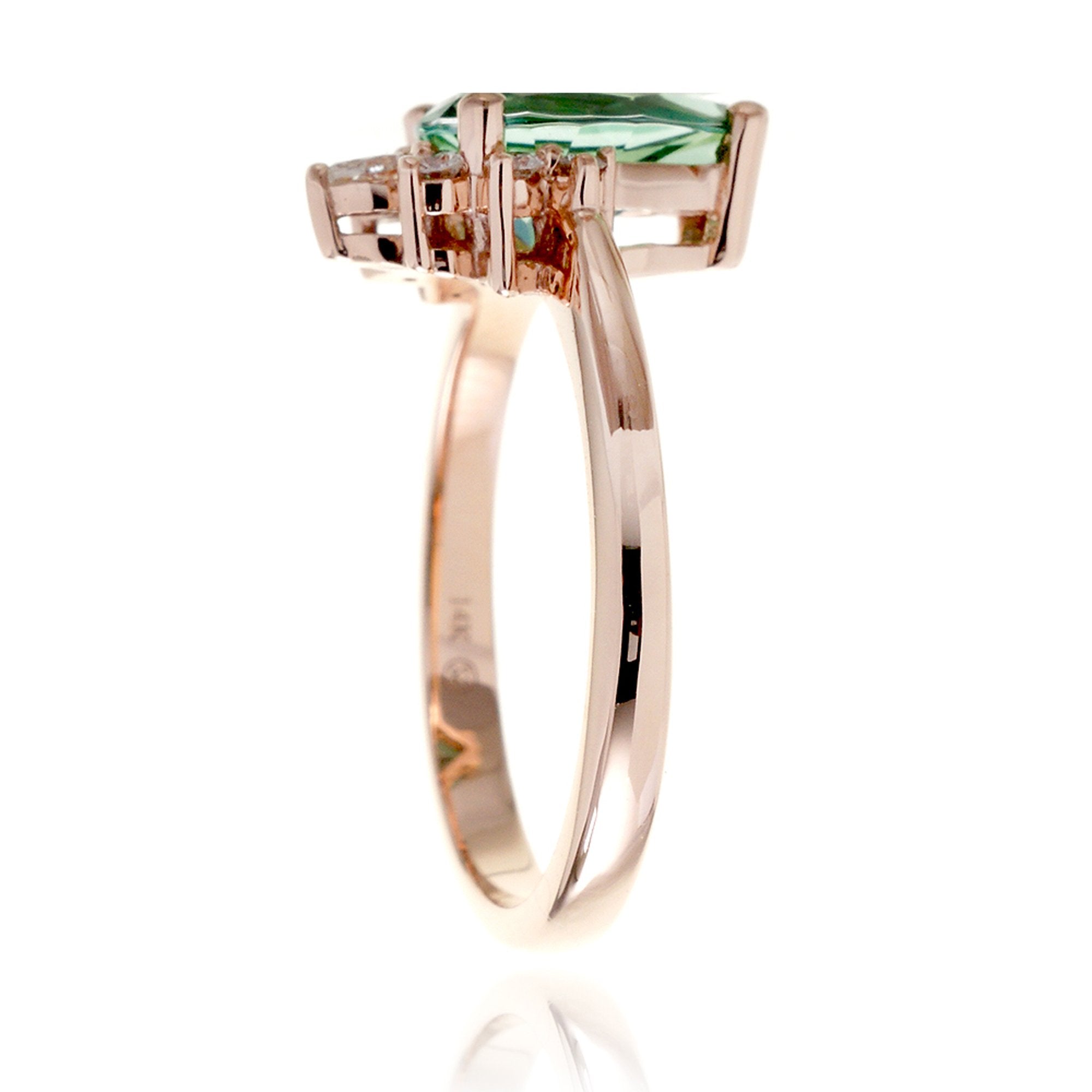 Green pear emerald half diamond halo ring - the Pacey rose gold