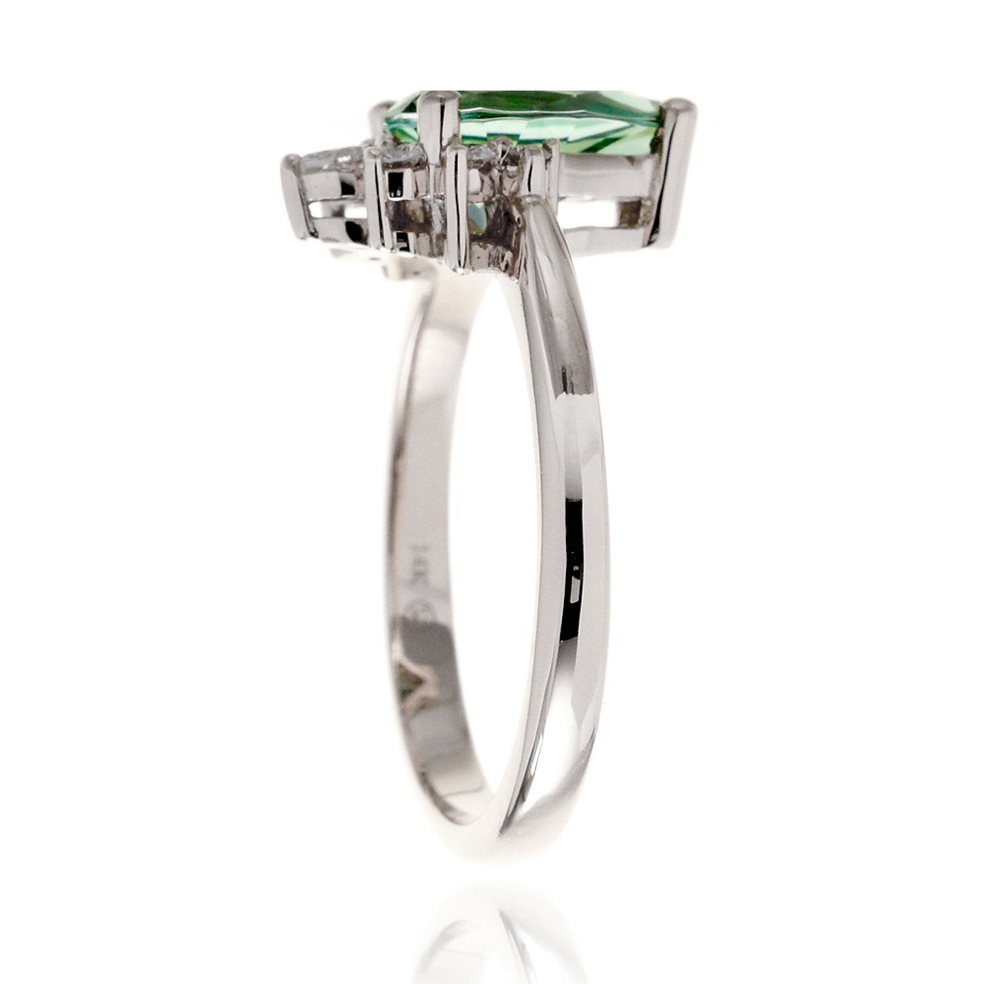 Green pear emerald half diamond halo ring - the Pacey white gold