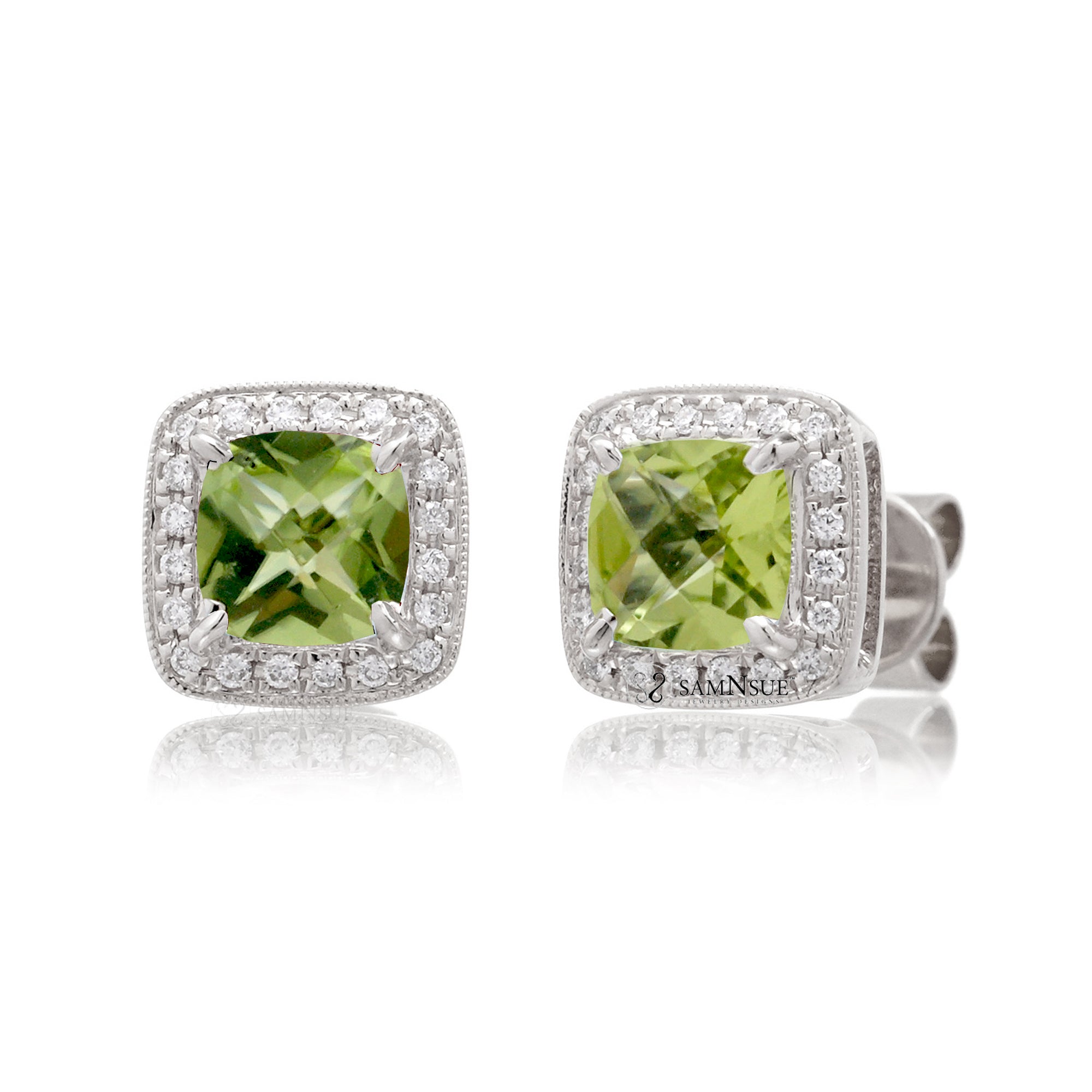 Peridot Cushion Stud Earrings With Diamond Halo in White Gold