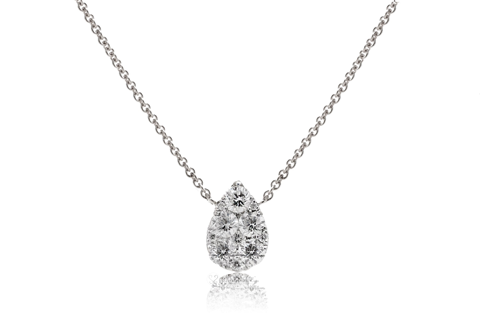 Pear shape cluster diamond pendant - solitaire tear drop diamond necklace in white gold