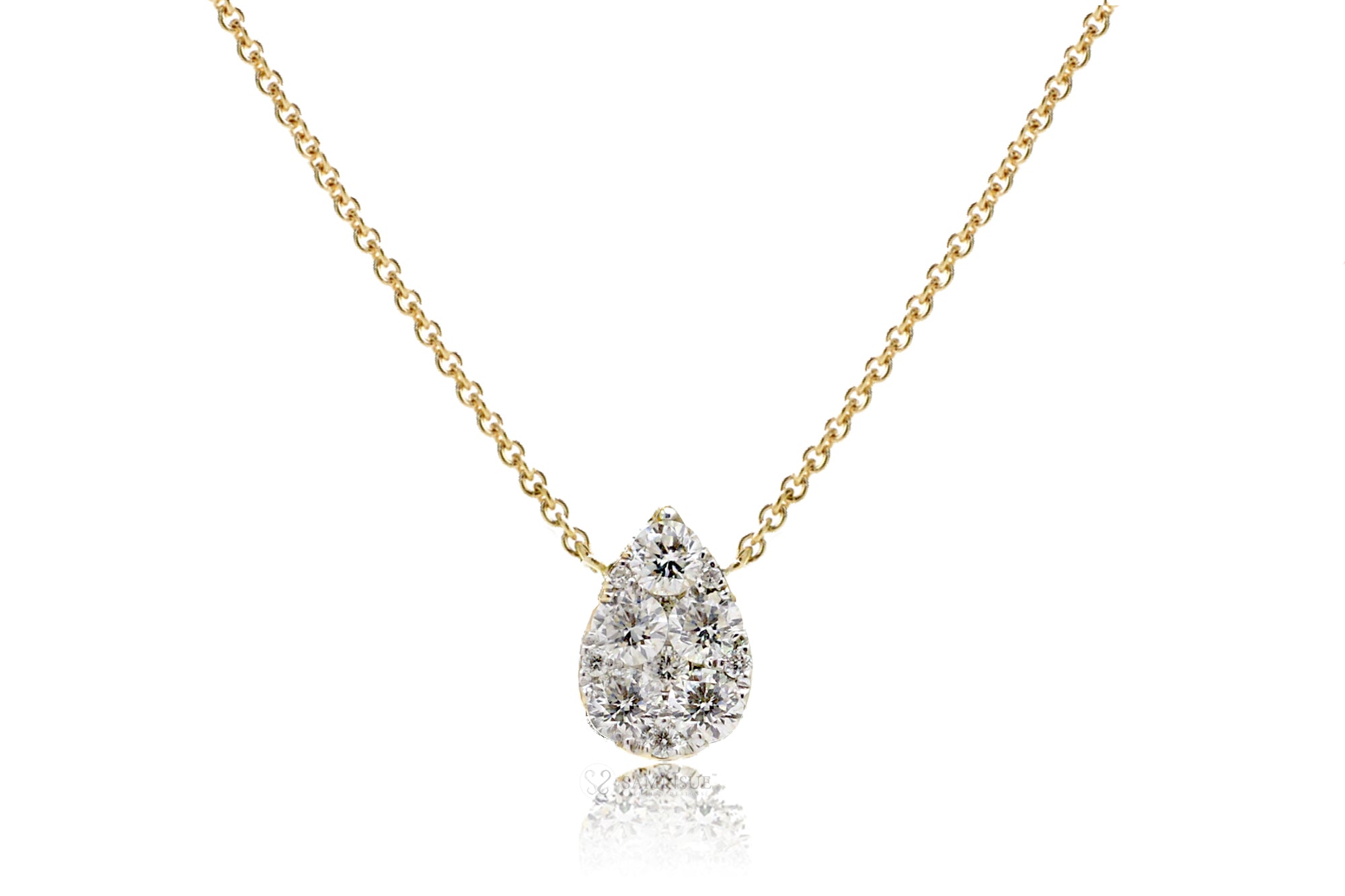 Pear shape cluster diamond pendant - solitaire tear drop diamond necklace in yellow gold