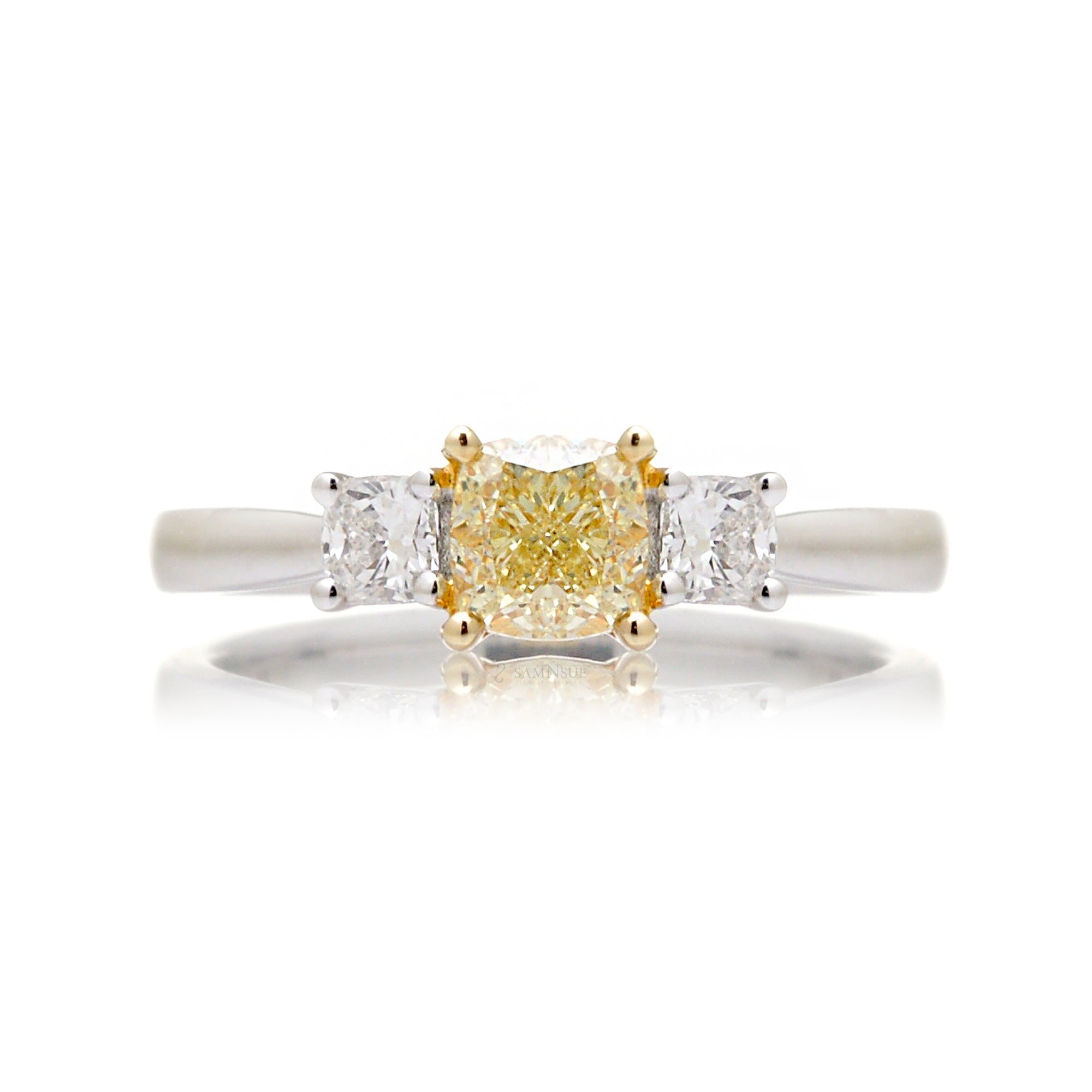 Three Stone Cushion Natural Fancy Yellow Diamond Ring